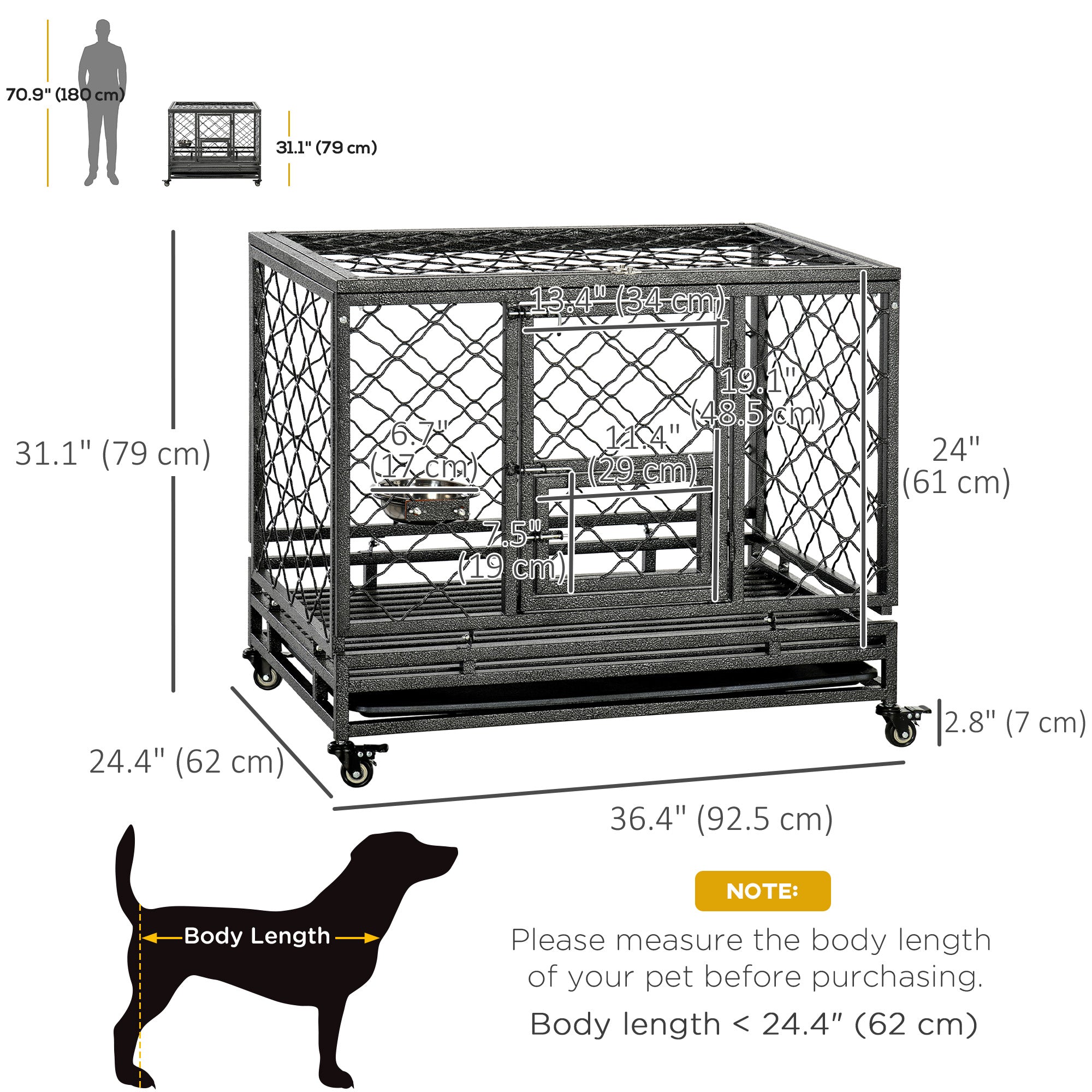 PawHut Heavy Duty Dog Crate, Metal Dog Kennel Cage with Wheels, Openable Top, Removable Tray, Stainless Steel Bowl, for Small, Medium, Large Dogs, 36.4" x 24.4" x 31.1"
