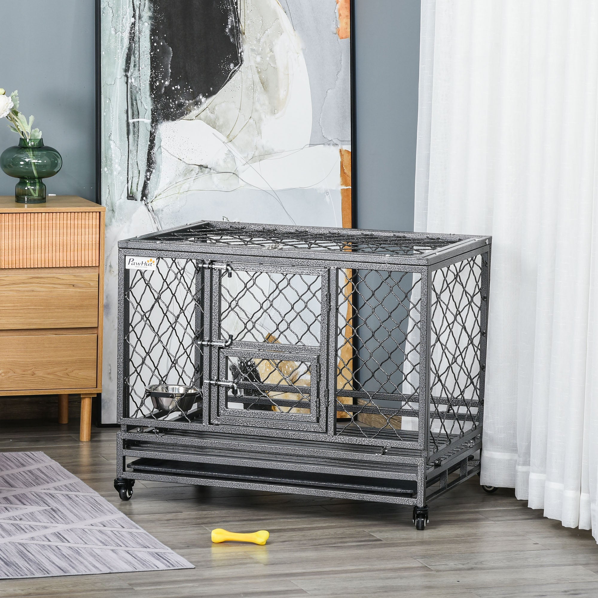 PawHut Heavy Duty Dog Crate, Metal Dog Kennel Cage with Wheels, Openable Top, Removable Tray, Stainless Steel Bowl, for Small, Medium, Large Dogs, 36.4" x 24.4" x 31.1"