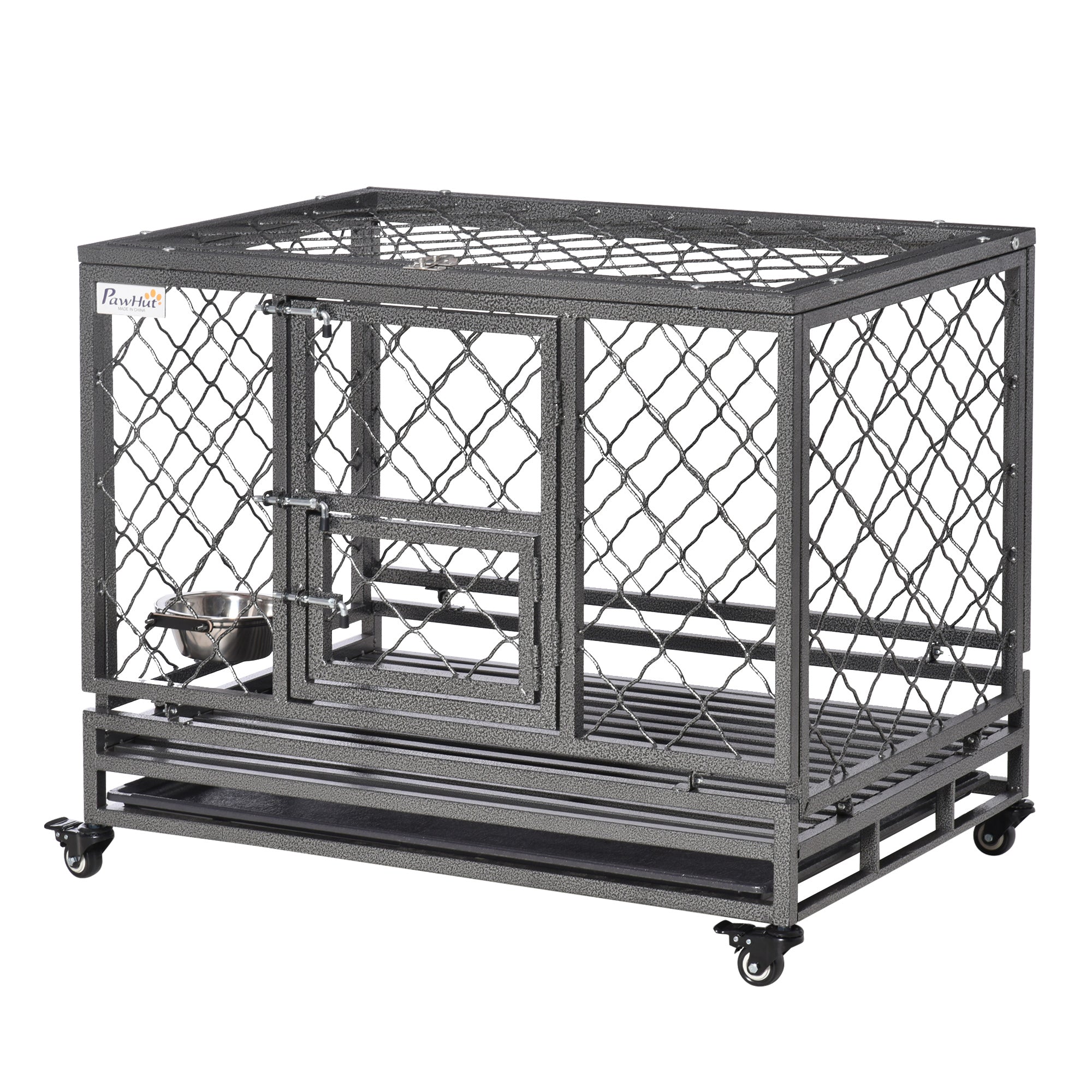 PawHut Heavy Duty Dog Crate, Metal Dog Kennel Cage with Wheels, Openable Top, Removable Tray, Stainless Steel Bowl, for Small, Medium, Large Dogs, 36.4" x 24.4" x 31.1"