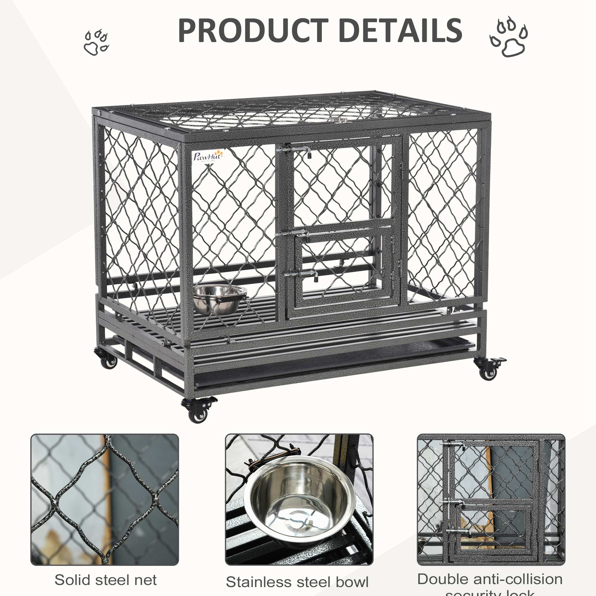 PawHut Heavy Duty Dog Crate, Metal Dog Kennel Cage with Wheels, Openable Top, Removable Tray, Stainless Steel Bowl, for Small, Medium, Large Dogs, 36.4" x 24.4" x 31.1"