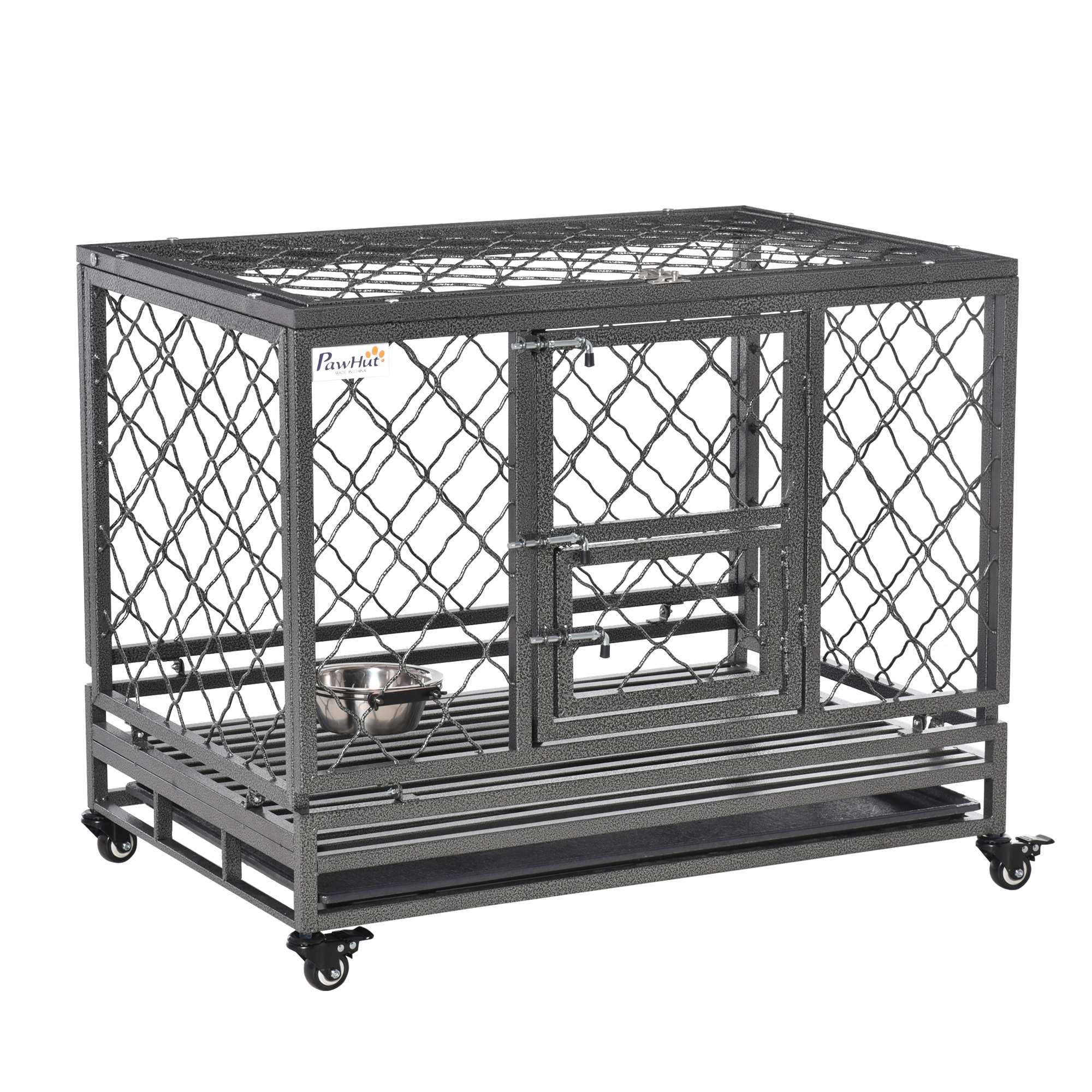PawHut Heavy Duty Dog Crate, Metal Dog Kennel Cage with Wheels, Openable Top, Removable Tray, Stainless Steel Bowl, for Small, Medium, Large Dogs, 36.4" x 24.4" x 31.1"