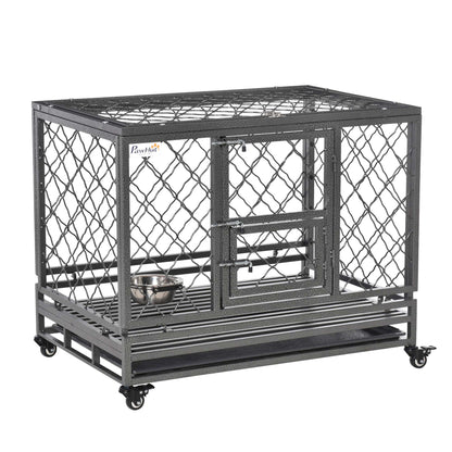 PawHut Heavy Duty Dog Crate, Metal Dog Kennel Cage with Wheels, Openable Top, Removable Tray, Stainless Steel Bowl, for Small, Medium, Large Dogs, 36.4" x 24.4" x 31.1"