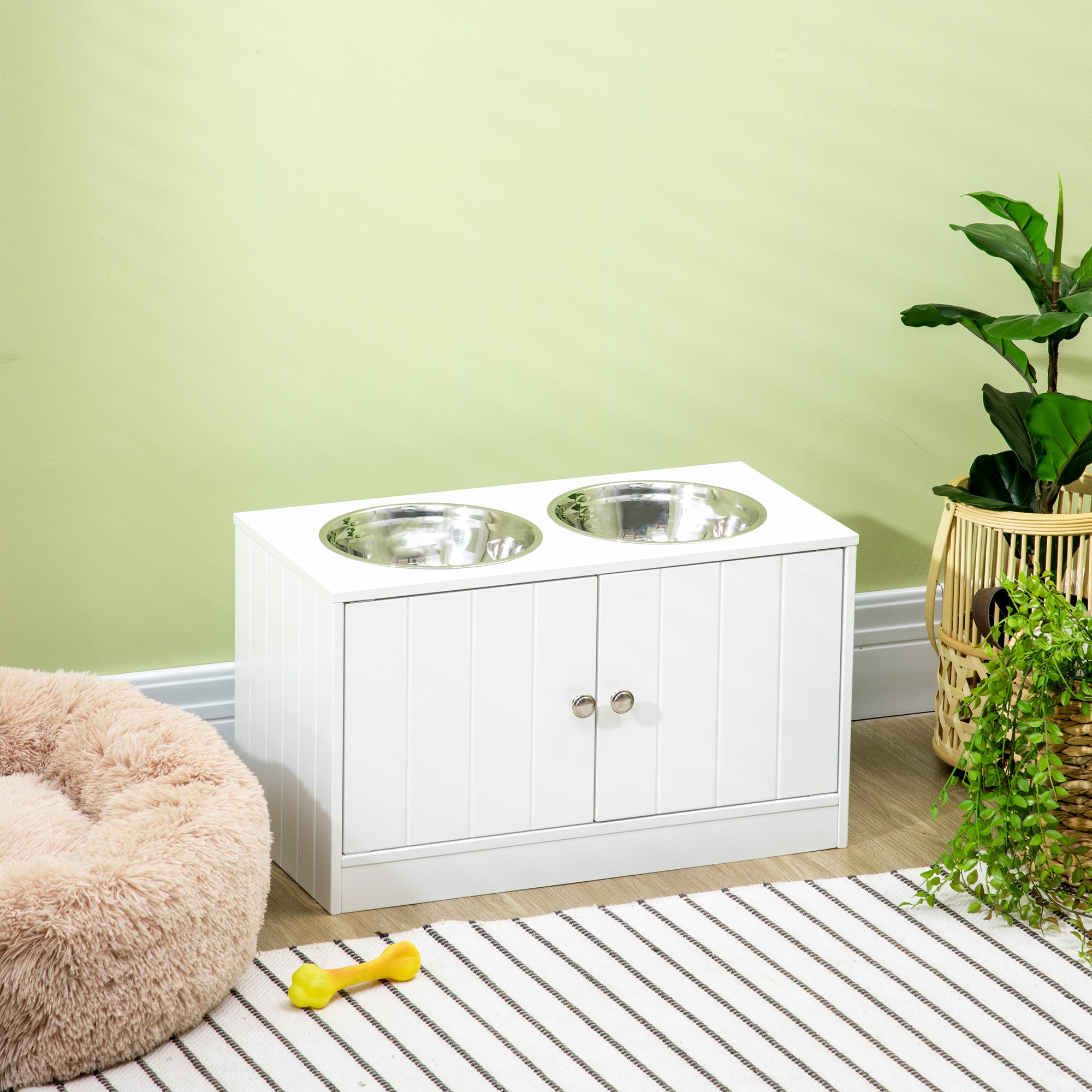 PawHut Raised Dog Bowls for Large Dogs Pet Feeding Station w/ Stand, Storage, Two Stainless Steel Bowls - White