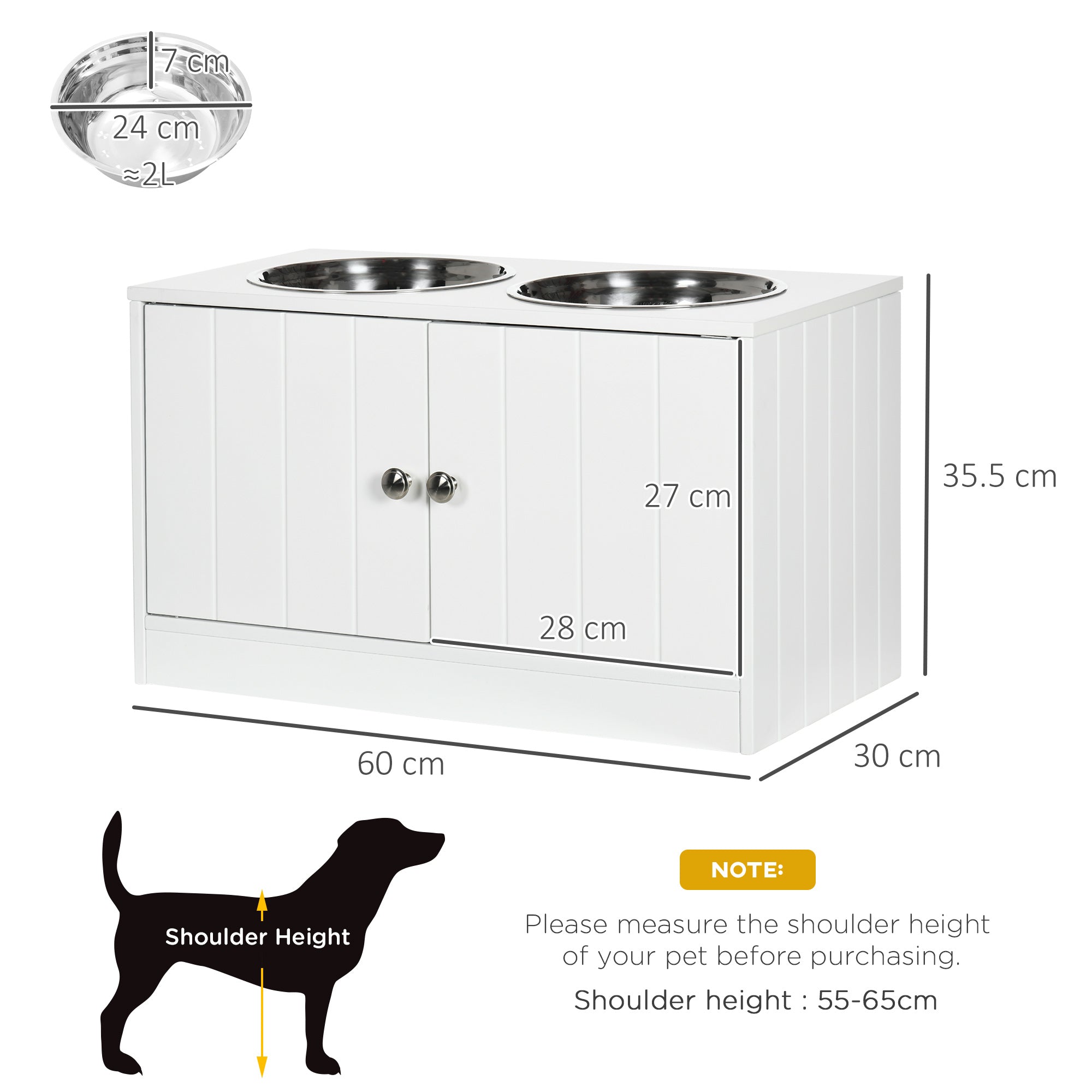 PawHut Raised Dog Bowls for Large Dogs Pet Feeding Station w/ Stand, Storage, Two Stainless Steel Bowls - White