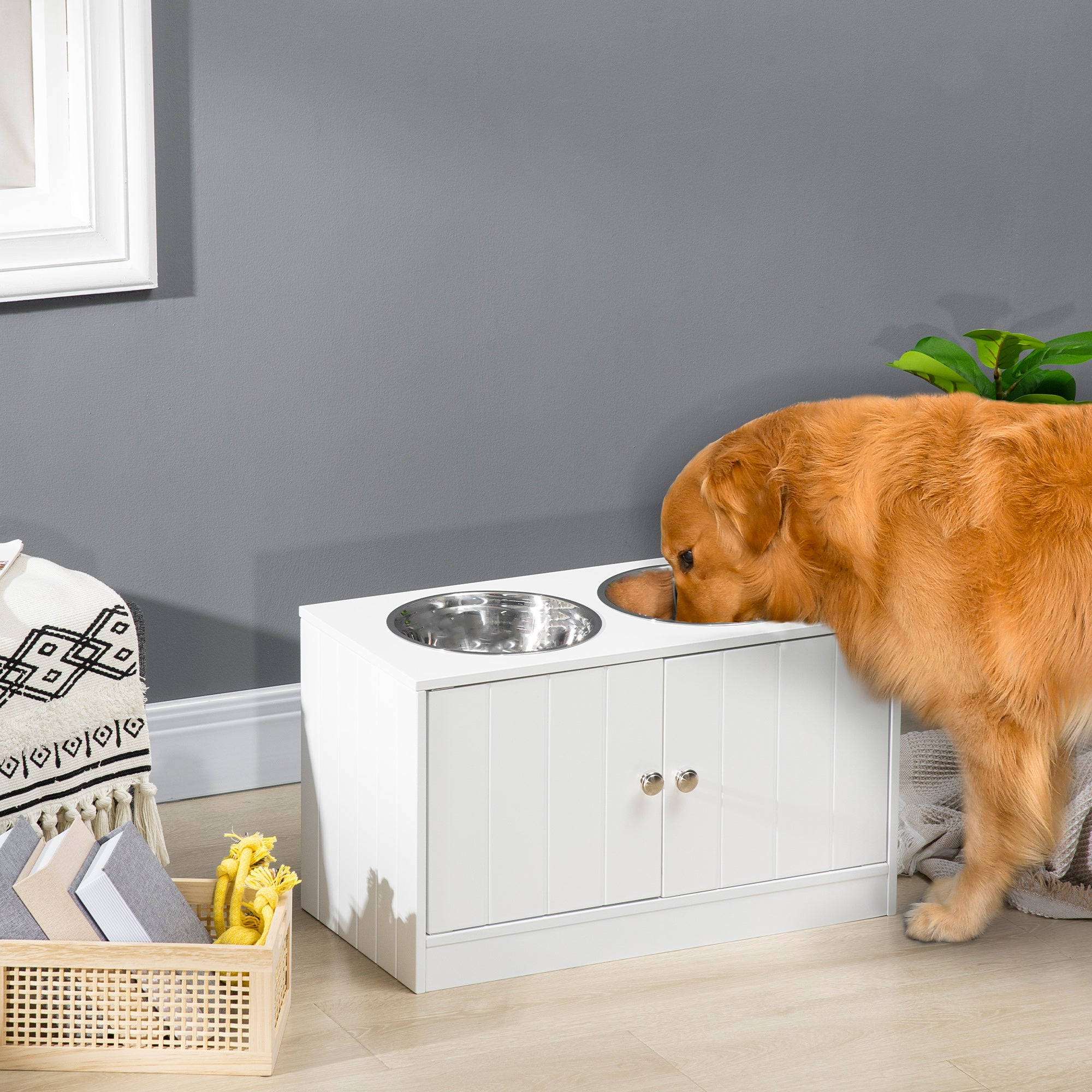 PawHut Elevated Dog Bowls for Large Dogs Pet Feeding Station with Stand, Storage, 2 Stainless Steel Food and Water Bowls, White, 23.6" x 11.8" x 14"