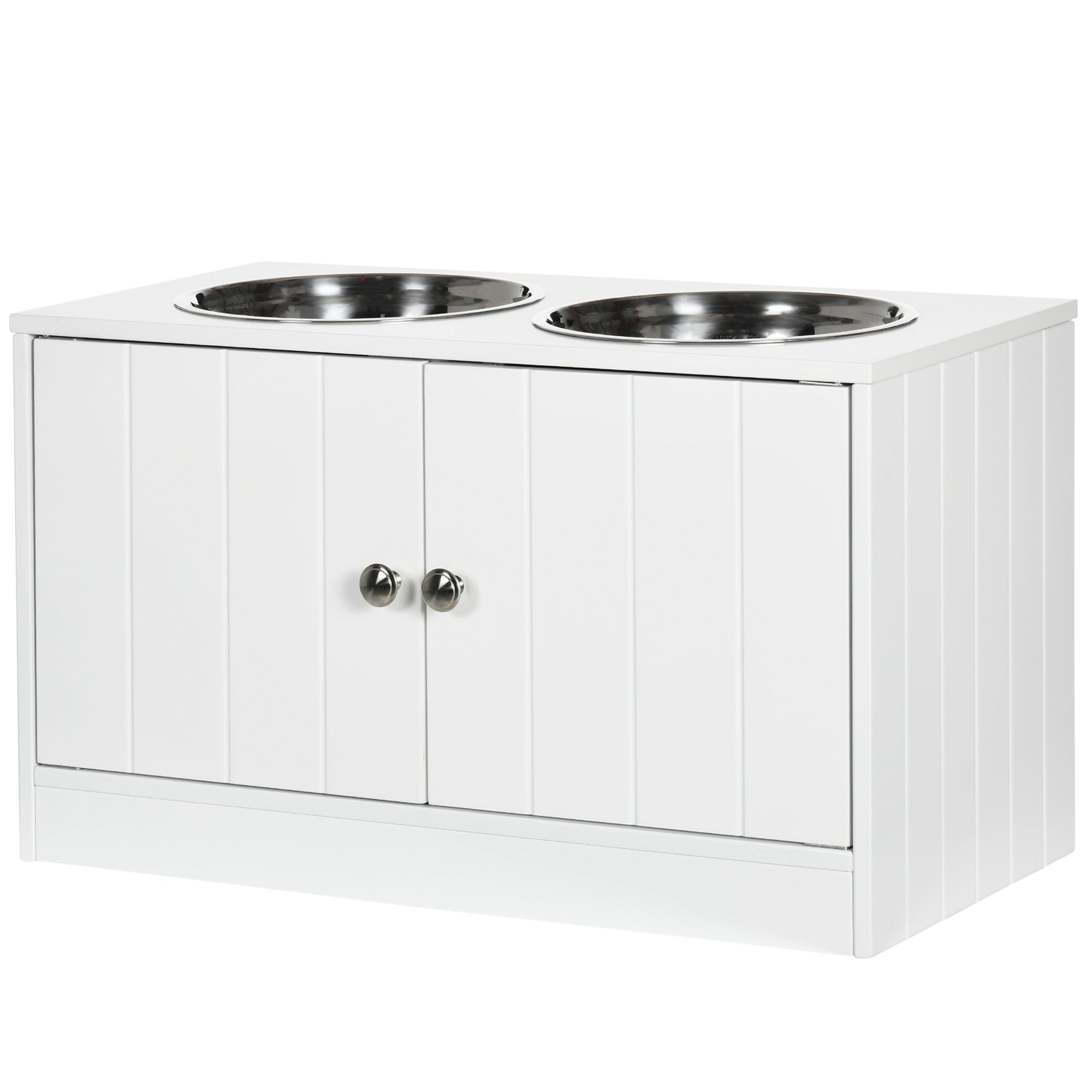 PawHut Elevated Dog Bowls for Large Dogs Pet Feeding Station with Stand, Storage, 2 Stainless Steel Food and Water Bowls, White, 23.6" x 11.8" x 14"