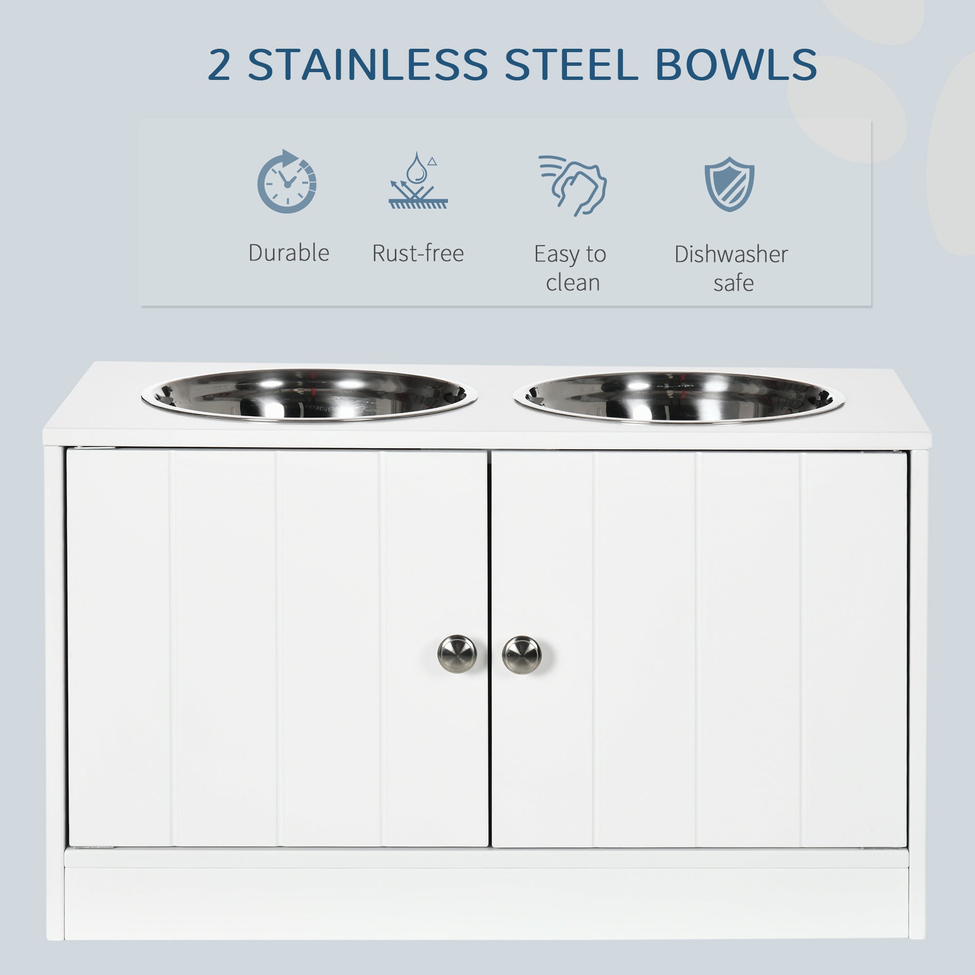 PawHut Elevated Dog Bowls for Large Dogs Pet Feeding Station with Stand, Storage, 2 Stainless Steel Food and Water Bowls, White, 23.6" x 11.8" x 14"