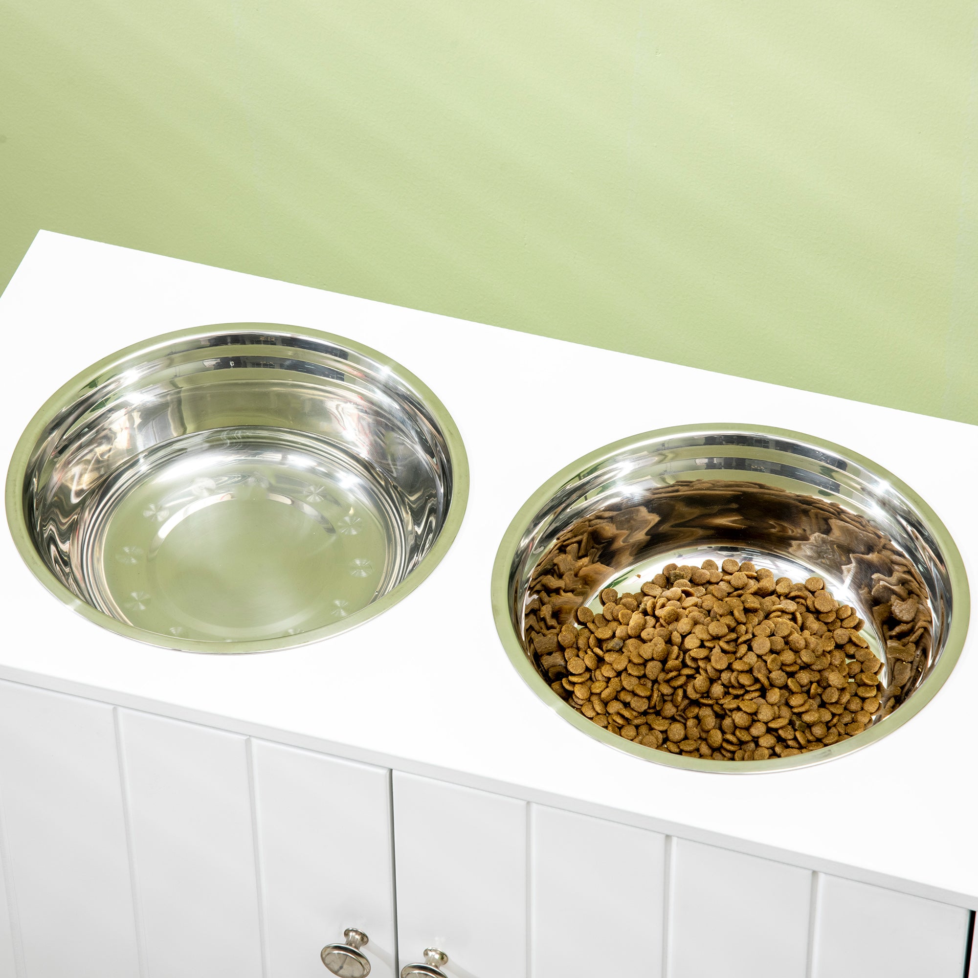 PawHut Elevated Dog Bowls for Large Dogs Pet Feeding Station with Stand, Storage, 2 Stainless Steel Food and Water Bowls, White, 23.6" x 11.8" x 14"