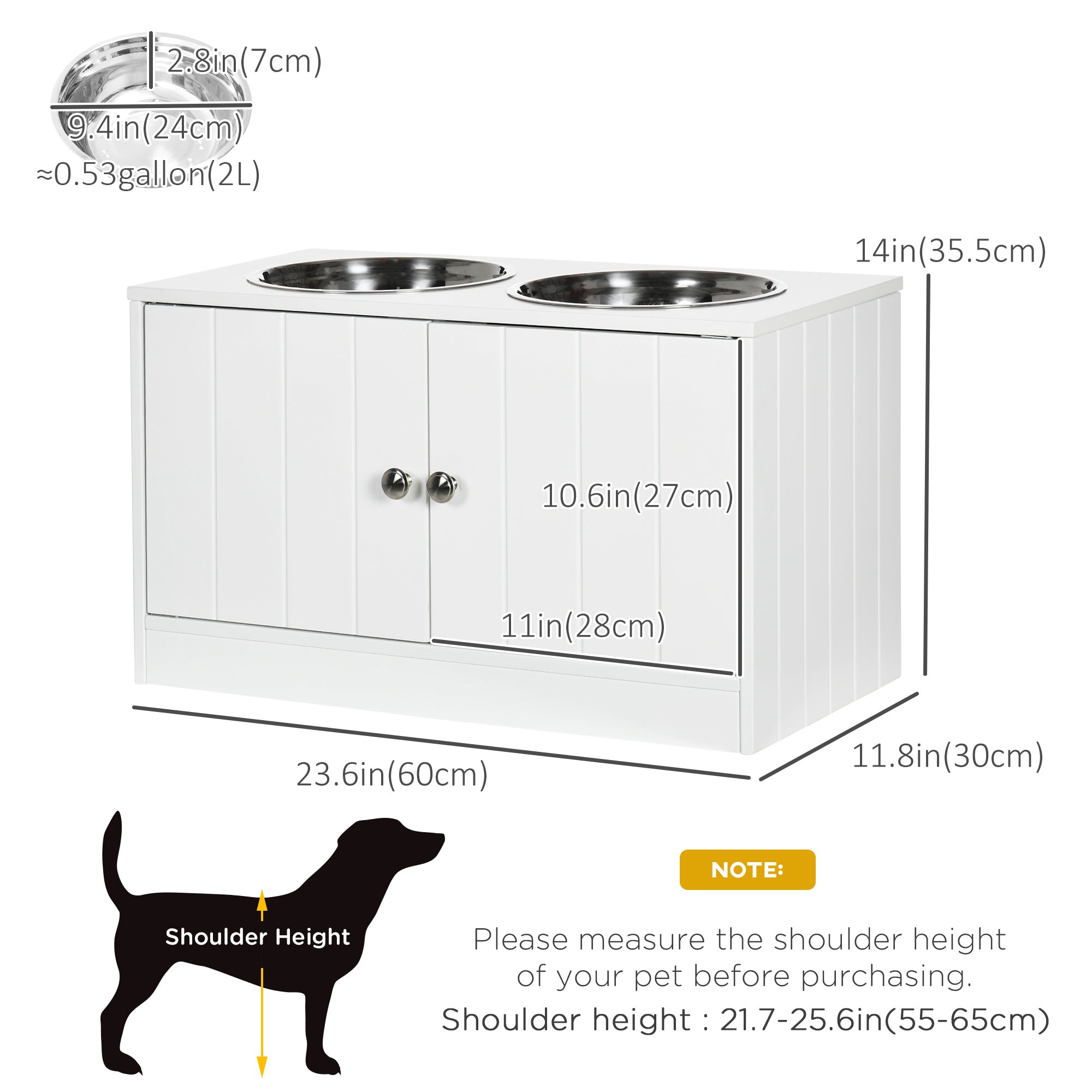 PawHut Elevated Dog Bowls for Large Dogs Pet Feeding Station with Stand, Storage, 2 Stainless Steel Food and Water Bowls, White, 23.6" x 11.8" x 14"