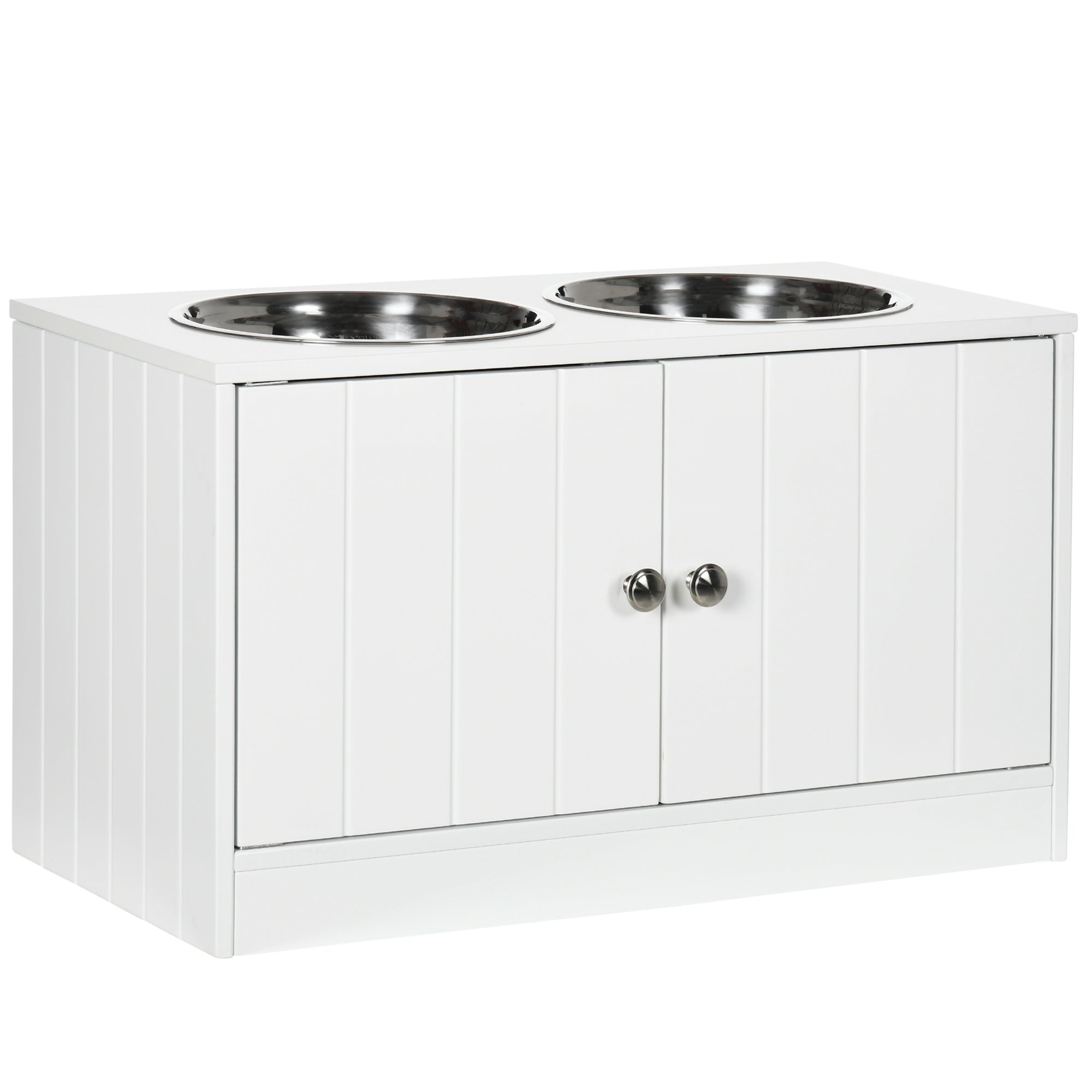 PawHut Elevated Dog Bowls for Large Dogs Pet Feeding Station with Stand, Storage, 2 Stainless Steel Food and Water Bowls, White, 23.6" x 11.8" x 14"