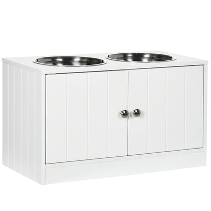 PawHut Elevated Dog Bowls for Large Dogs Pet Feeding Station with Stand, Storage, 2 Stainless Steel Food and Water Bowls, White, 23.6" x 11.8" x 14"