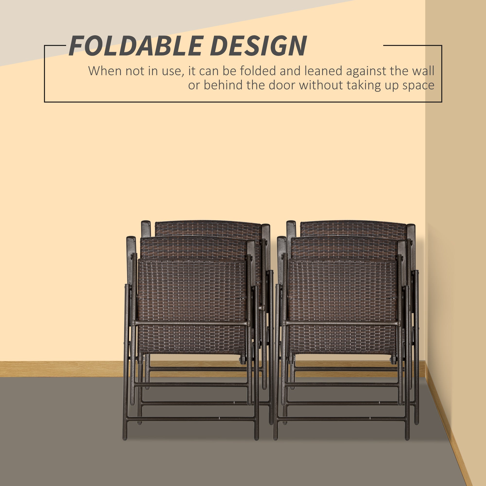 Outsunny Outdoor Wicker Dining Chair Set of 4, 4 Pieces Rattan Foldable Chair with Steel Frame for Garden, Backyard, Porch, Brown