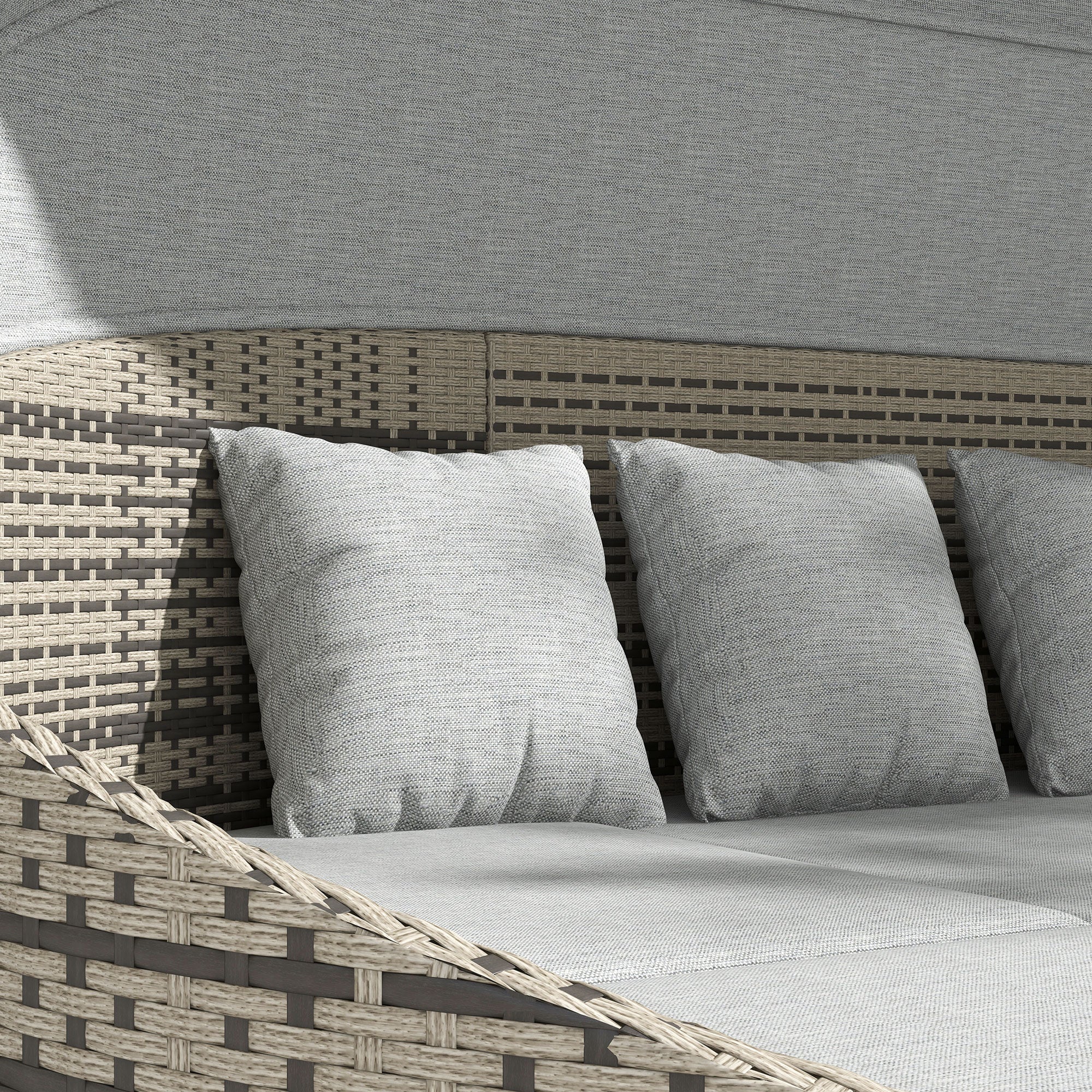 Outsunny 4 Pieces Rattan Daybed Patio PE Wicker Round Furniture Outdoor Rattan Garden Lounge Sofa Sets Sectional Conversation Set with Canopy, Cushions, & Pillows, Light Grey