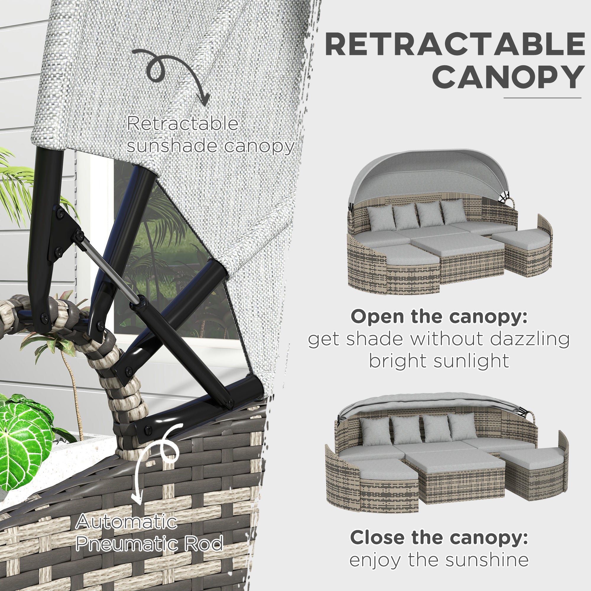 Outsunny 4 Pieces Rattan Daybed Patio PE Wicker Round Furniture Outdoor Rattan Garden Lounge Sofa Sets Sectional Conversation Set with Canopy, Cushions, & Pillows, Light Grey