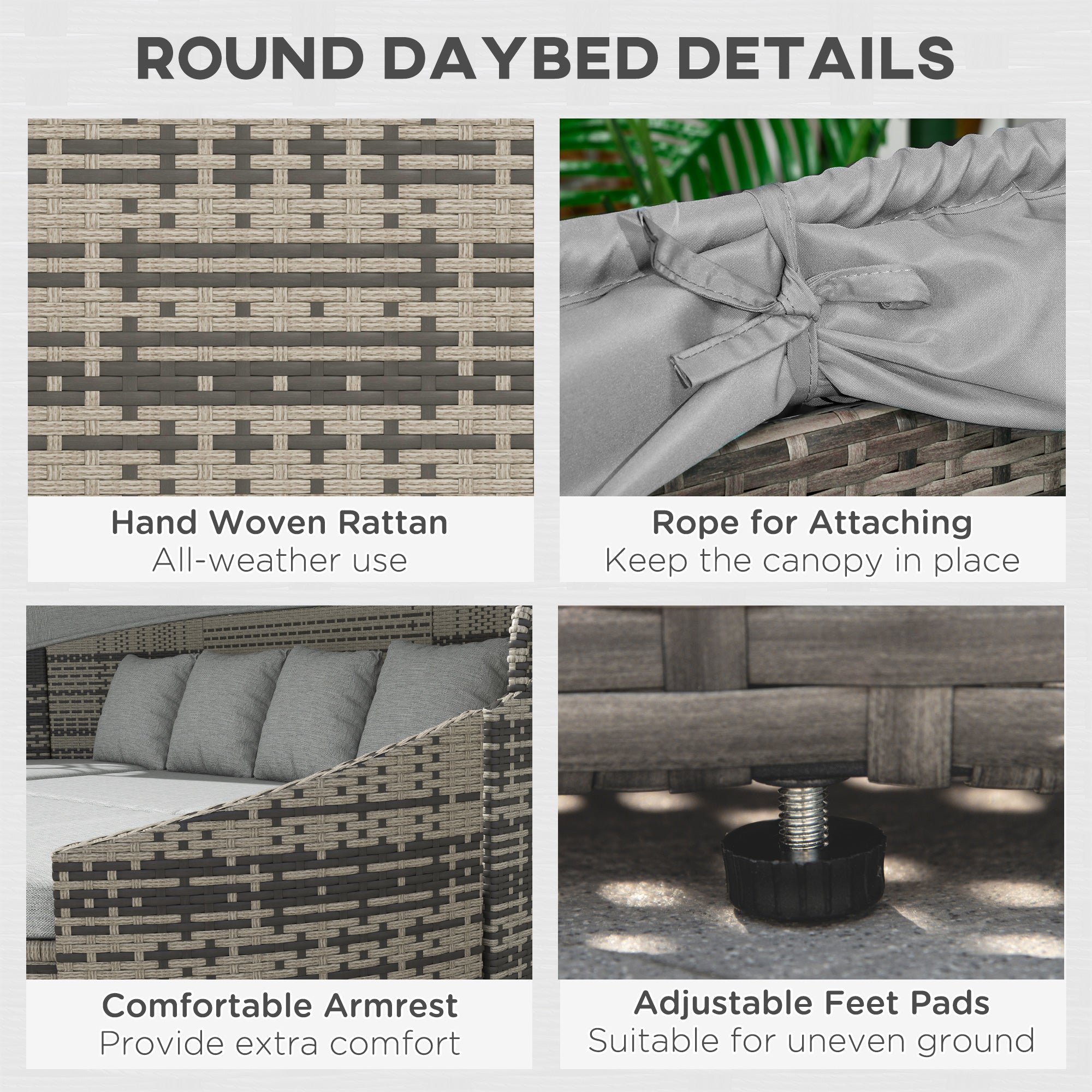 Outsunny 4 Pieces Rattan Daybed Patio PE Wicker Round Furniture Outdoor Rattan Garden Lounge Sofa Sets Sectional Conversation Set with Canopy, Cushions, & Pillows, Light Grey