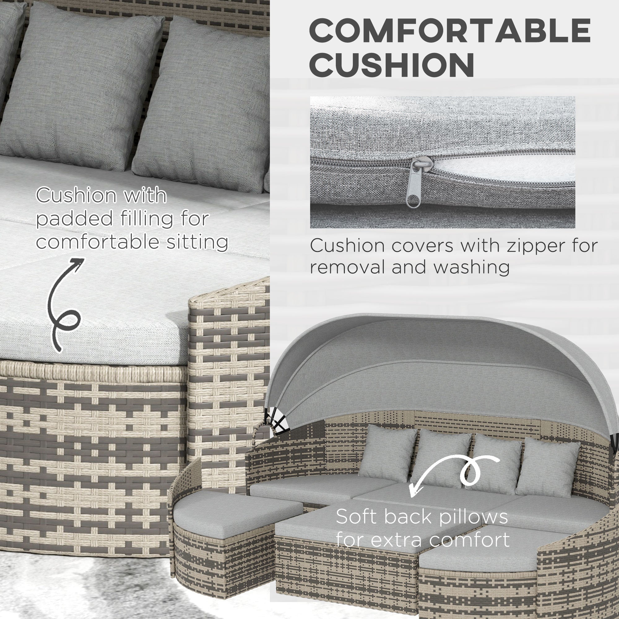 Outsunny 4 Pieces Rattan Daybed Patio PE Wicker Round Furniture Outdoor Rattan Garden Lounge Sofa Sets Sectional Conversation Set with Canopy, Cushions, & Pillows, Light Grey