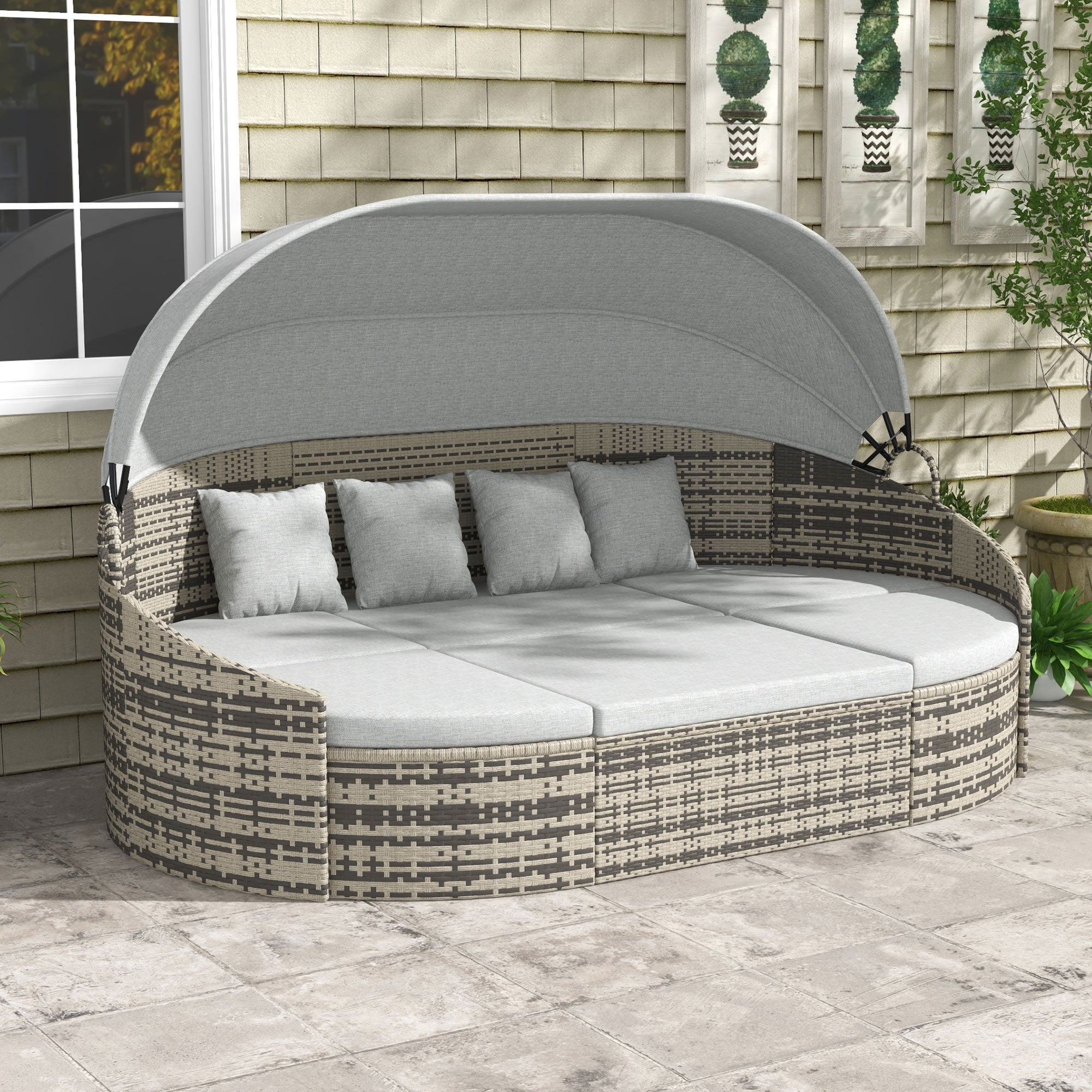 Outsunny 4 Pieces Rattan Daybed Patio PE Wicker Round Furniture Outdoor Rattan Garden Lounge Sofa Sets Sectional Conversation Set with Canopy, Cushions, & Pillows, Light Grey
