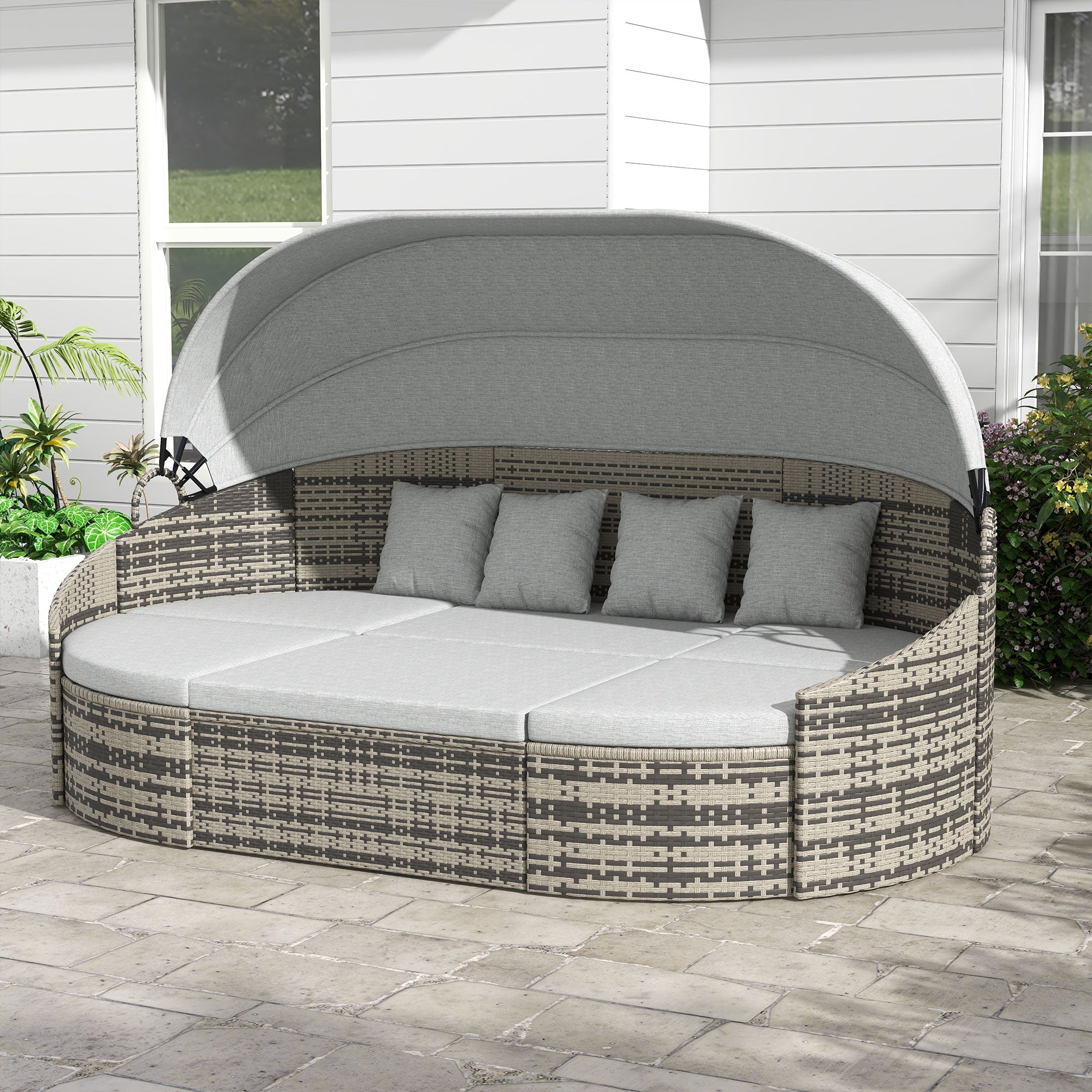 Outsunny 4 Pieces Rattan Daybed Patio PE Wicker Round Furniture Outdoor Rattan Garden Lounge Sofa Sets Sectional Conversation Set with Canopy, Cushions, & Pillows, Light Grey