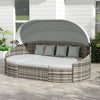 Outsunny 4 Pieces Rattan Daybed Patio PE Wicker Round Furniture Outdoor Rattan Garden Lounge Sofa Sets Sectional Conversation Set with Canopy, Cushions, & Pillows, Light Grey