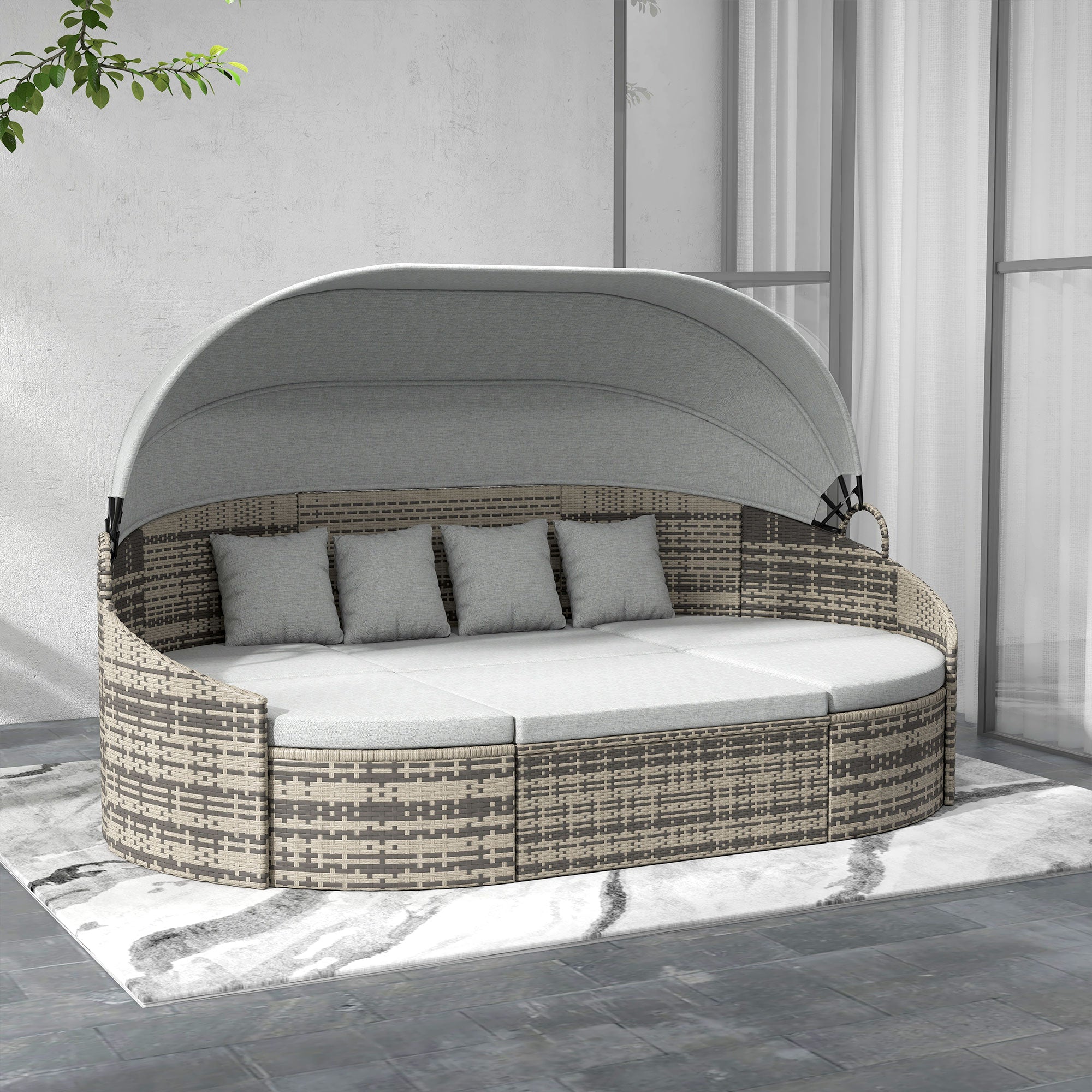 Outsunny 4 Pieces Rattan Daybed Patio PE Wicker Round Furniture Outdoor Rattan Garden Lounge Sofa Sets Sectional Conversation Set with Canopy, Cushions, & Pillows, Light Grey