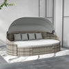 Outsunny 4 Pieces Rattan Daybed Patio PE Wicker Round Furniture Outdoor Rattan Garden Lounge Sofa Sets Sectional Conversation Set with Canopy, Cushions, & Pillows, Light Grey