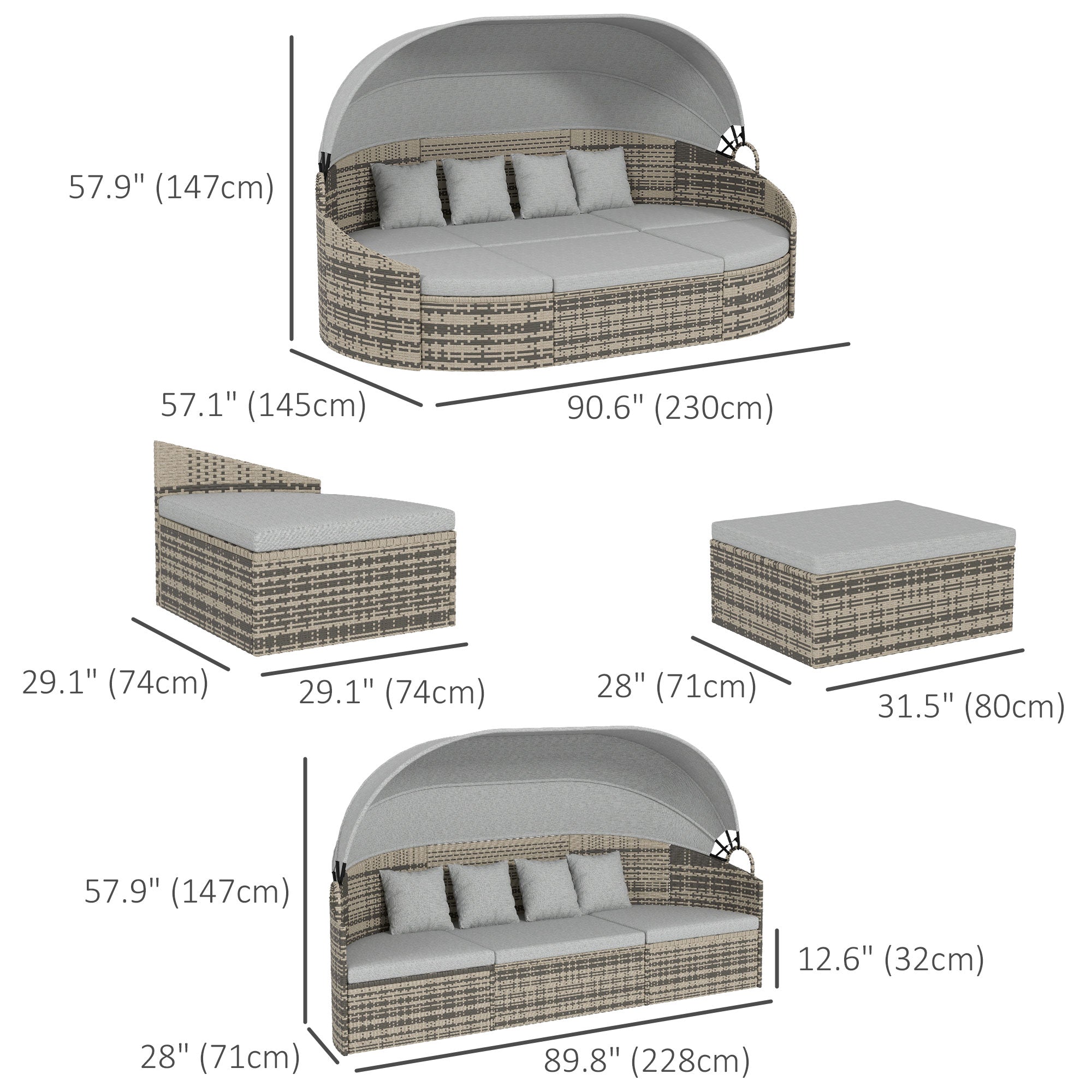 Outsunny 4 Pieces Rattan Daybed Patio PE Wicker Round Furniture Outdoor Rattan Garden Lounge Sofa Sets Sectional Conversation Set with Canopy, Cushions, & Pillows, Light Grey