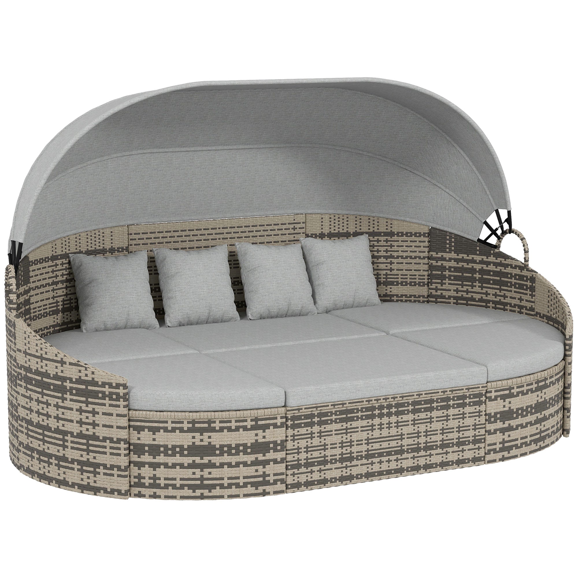 Outsunny 4 Pieces Rattan Daybed Patio PE Wicker Round Furniture Outdoor Rattan Garden Lounge Sofa Sets Sectional Conversation Set with Canopy, Cushions, & Pillows, Light Grey