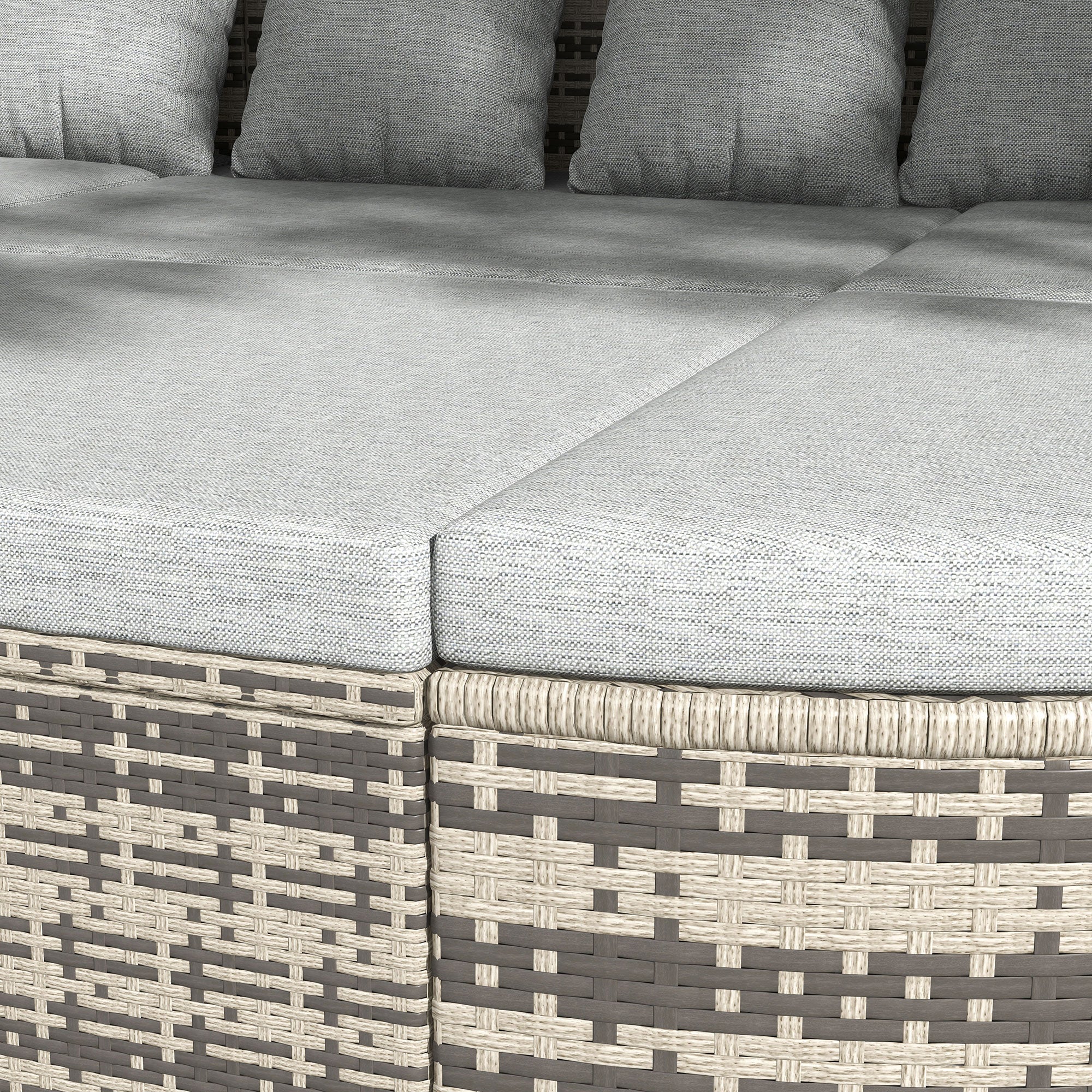 Outsunny 4 Pieces Rattan Daybed Patio PE Wicker Round Furniture Outdoor Rattan Garden Lounge Sofa Sets Sectional Conversation Set with Canopy, Cushions, & Pillows, Light Grey