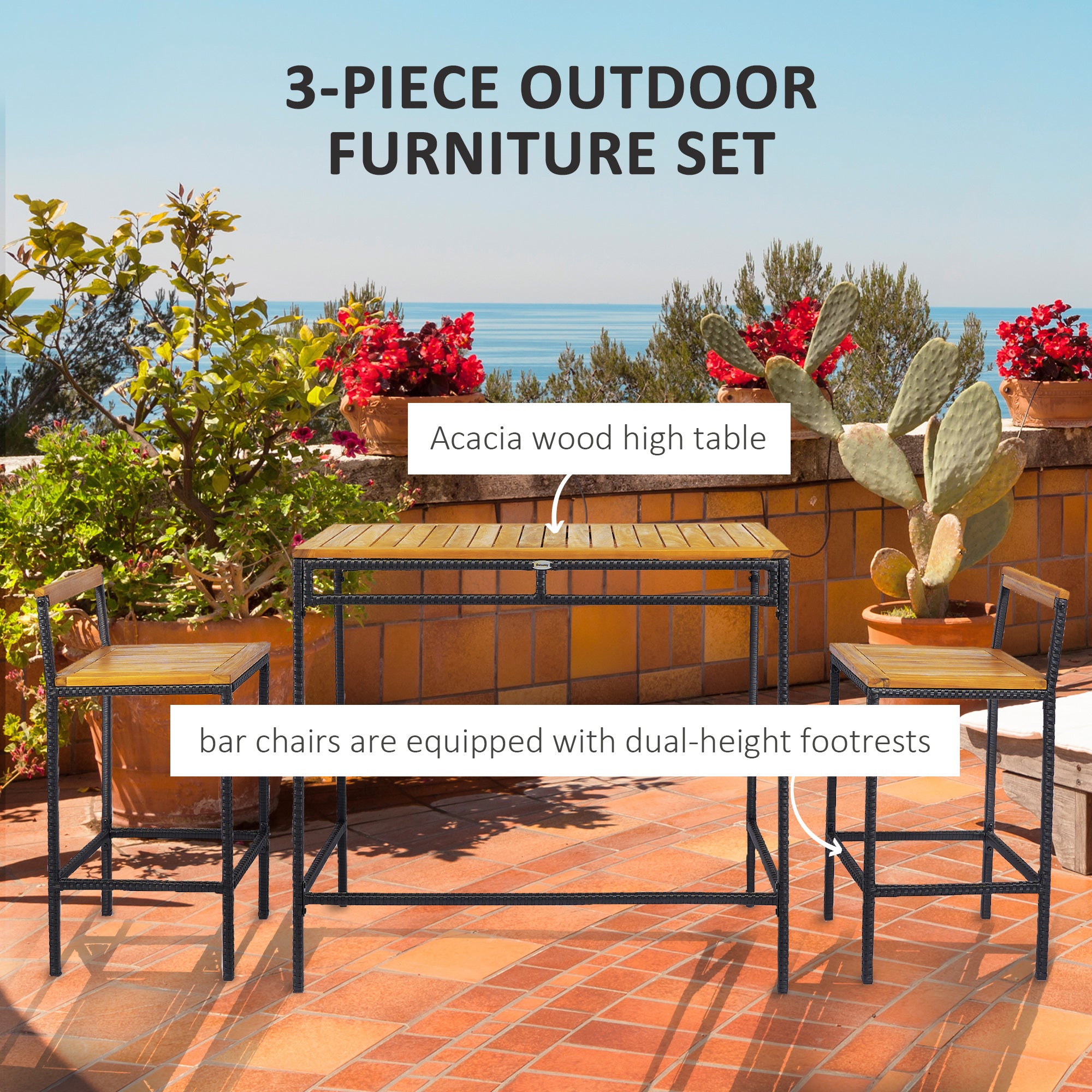 Outsunny 3-Piece Wicker Patio Bar with 2 Chairs and Bar Height Table, PE Rattan Outdoor Bar Set with Acacia Wood Top Table, for Poolside, Backyard, Dark Brown