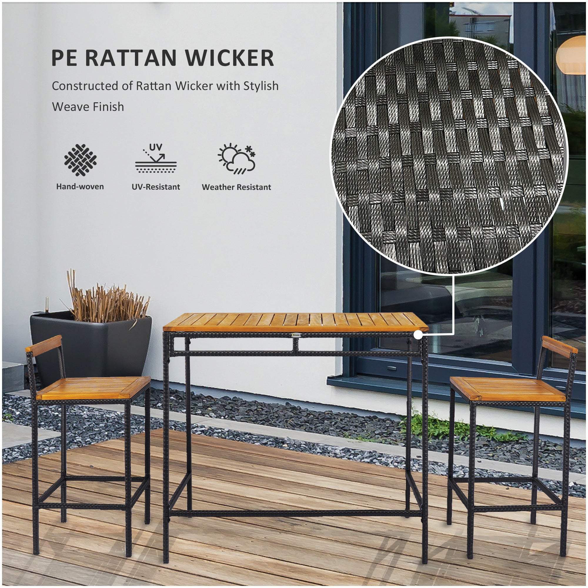 Outsunny 3-Piece Wicker Patio Bar with 2 Chairs and Bar Height Table, PE Rattan Outdoor Bar Set with Acacia Wood Top Table, for Poolside, Backyard, Dark Brown