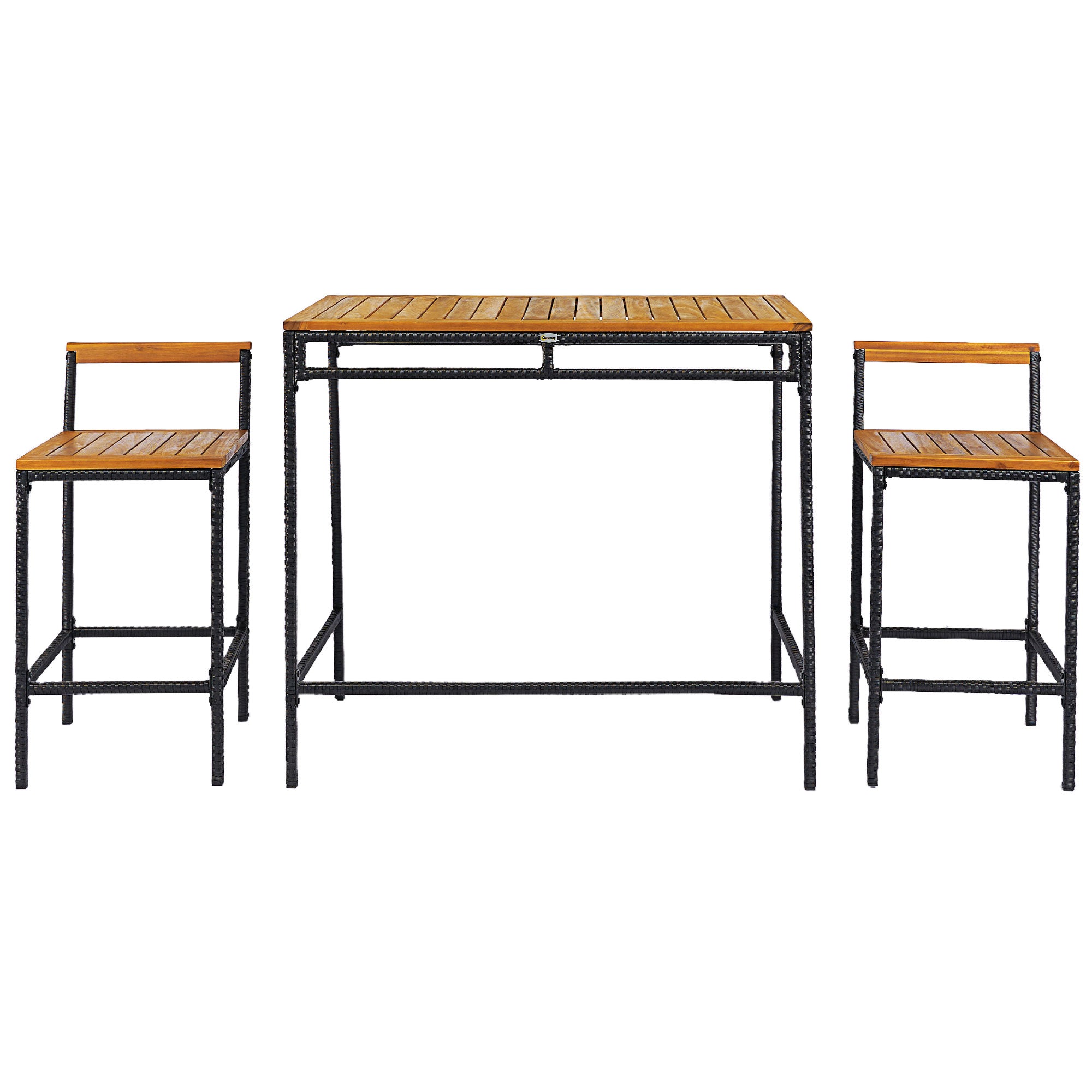 Outsunny 3-Piece Wicker Patio Bar with 2 Chairs and Bar Height Table, PE Rattan Outdoor Bar Set with Acacia Wood Top Table, for Poolside, Backyard, Dark Brown