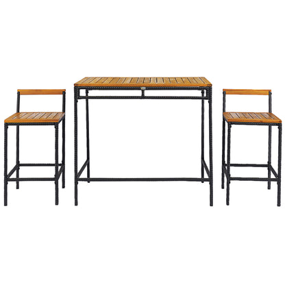 Outsunny 3-Piece Wicker Patio Bar with 2 Chairs and Bar Height Table, PE Rattan Outdoor Bar Set with Acacia Wood Top Table, for Poolside, Backyard, Dark Brown
