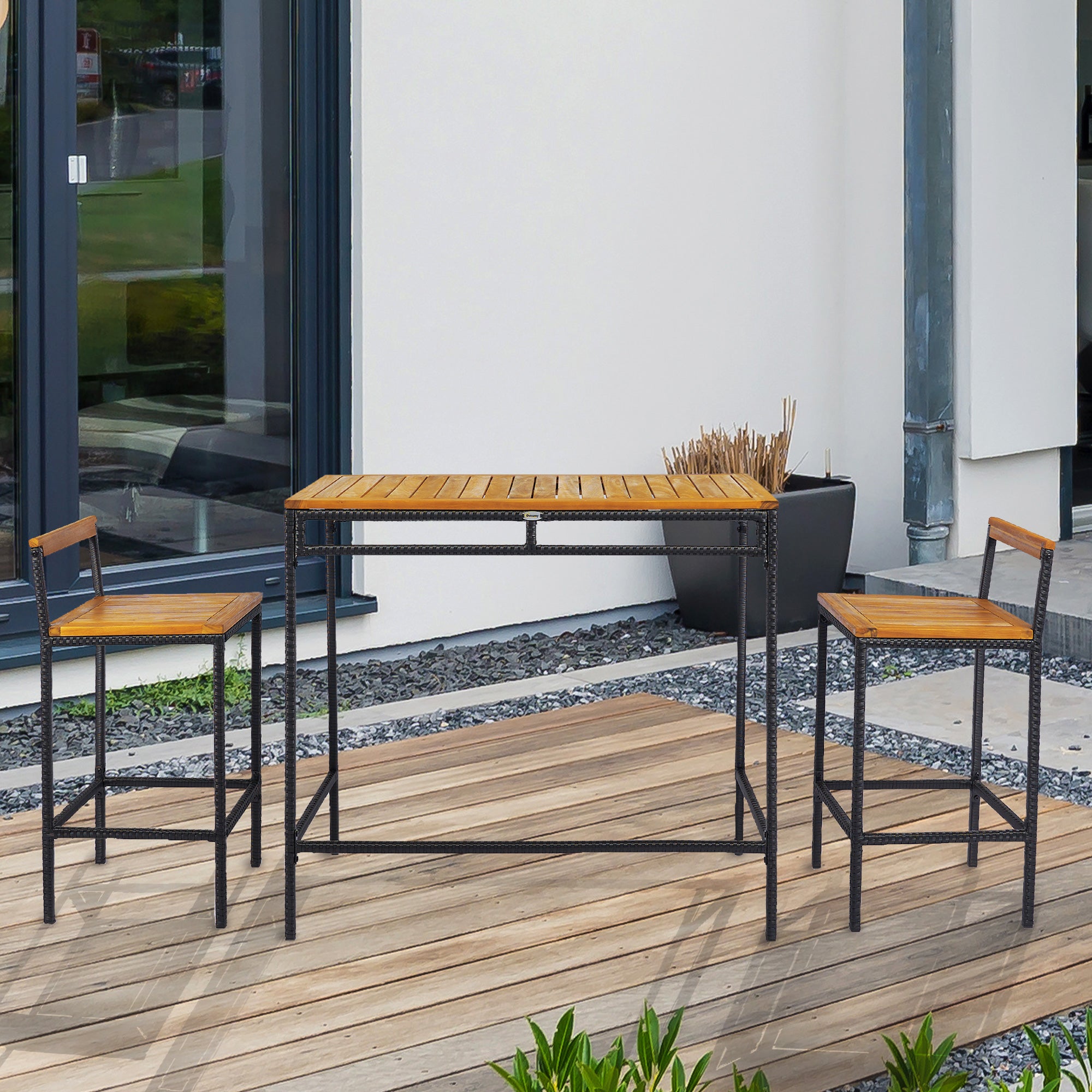 Outsunny 3-Piece Wicker Patio Bar with 2 Chairs and Bar Height Table, PE Rattan Outdoor Bar Set with Acacia Wood Top Table, for Poolside, Backyard, Dark Brown