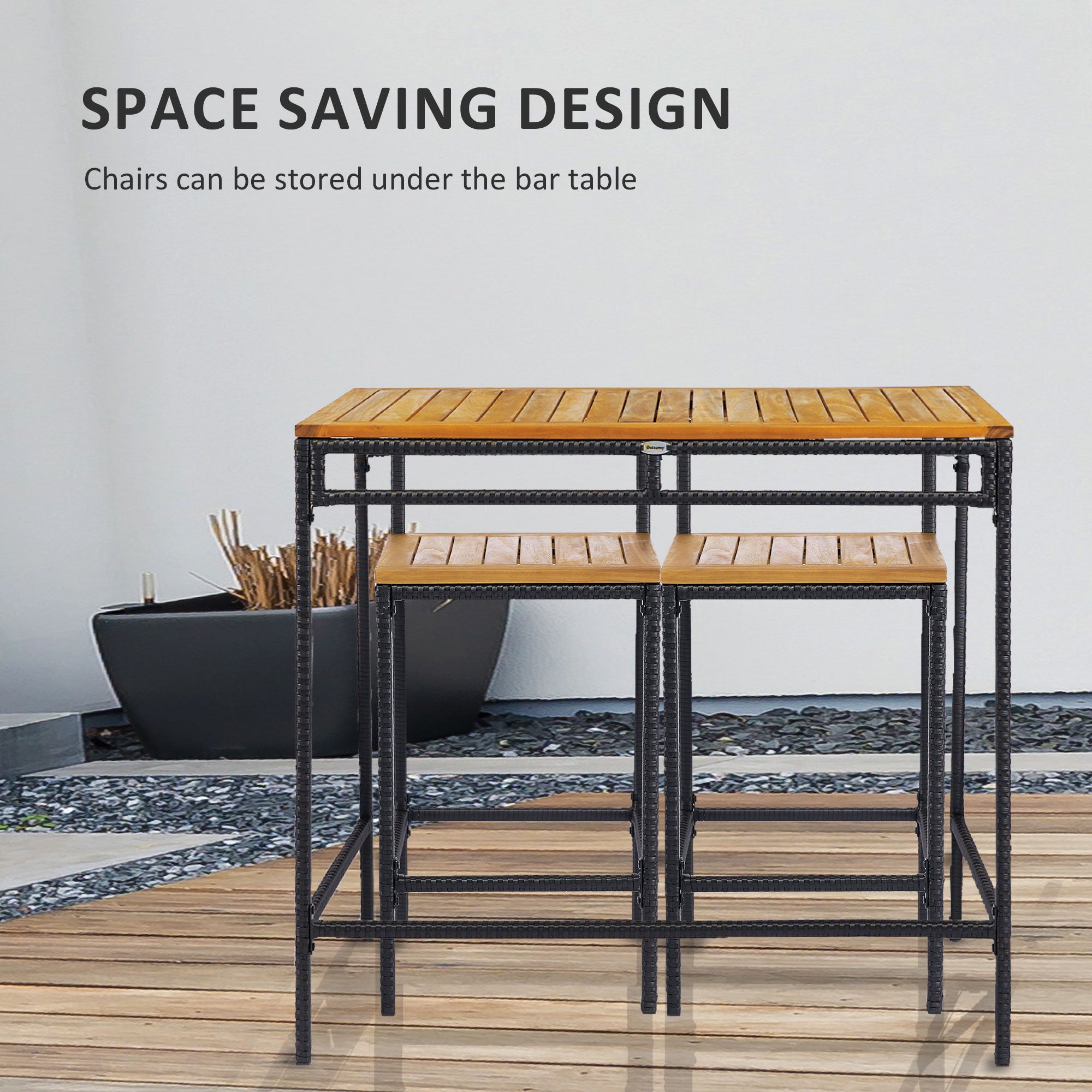 Outsunny 3-Piece Wicker Patio Bar with 2 Chairs and Bar Height Table, PE Rattan Outdoor Bar Set with Acacia Wood Top Table, for Poolside, Backyard, Dark Brown