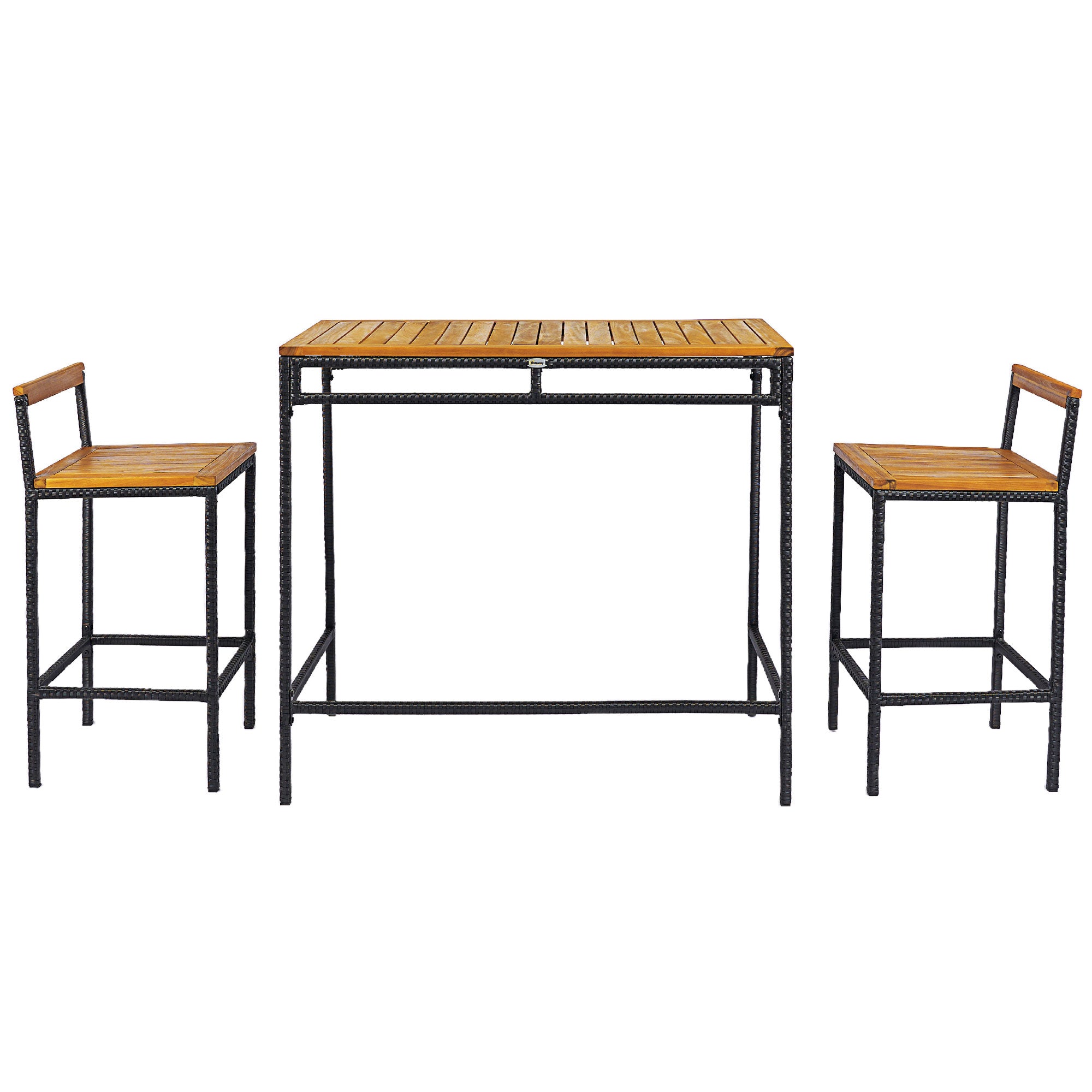 Outsunny 3-Piece Wicker Patio Bar with 2 Chairs and Bar Height Table, PE Rattan Outdoor Bar Set with Acacia Wood Top Table, for Poolside, Backyard, Dark Brown