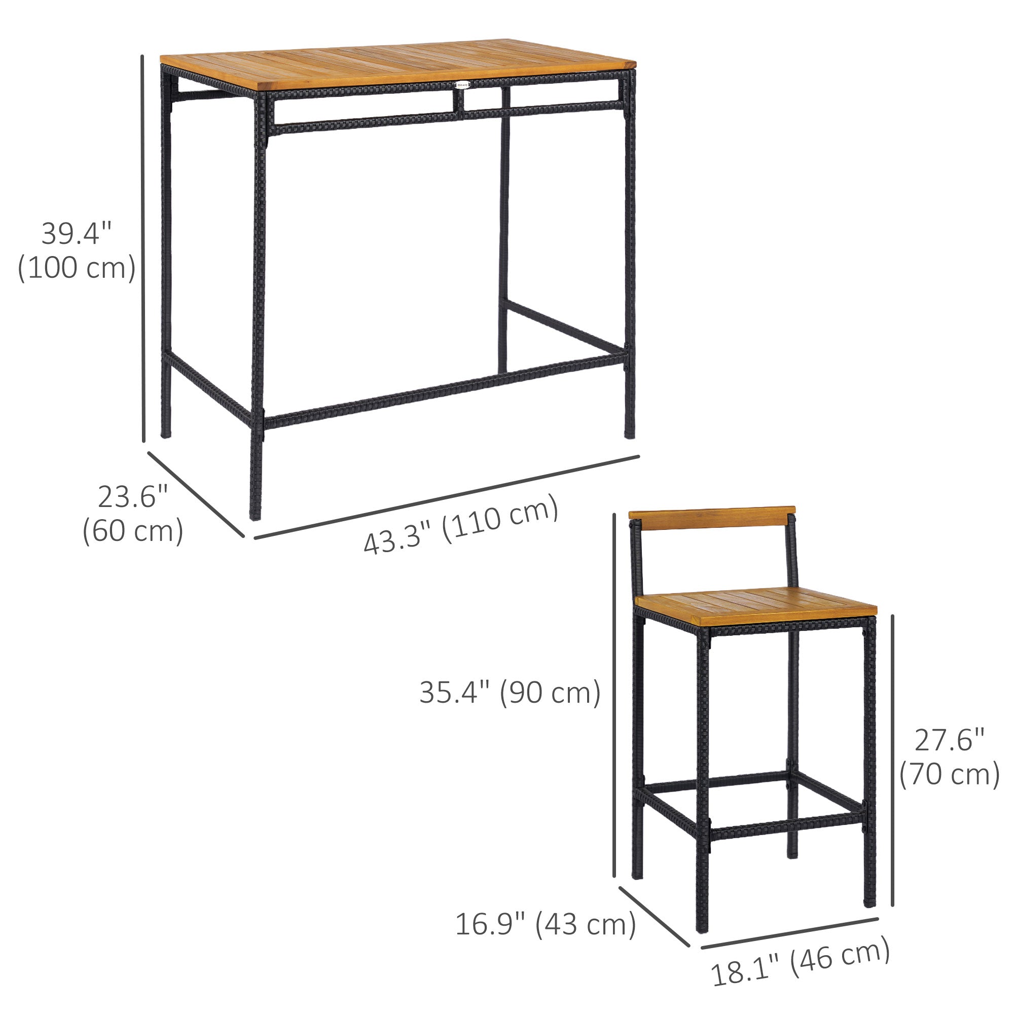 Outsunny 3-Piece Wicker Patio Bar with 2 Chairs and Bar Height Table, PE Rattan Outdoor Bar Set with Acacia Wood Top Table, for Poolside, Backyard, Dark Brown