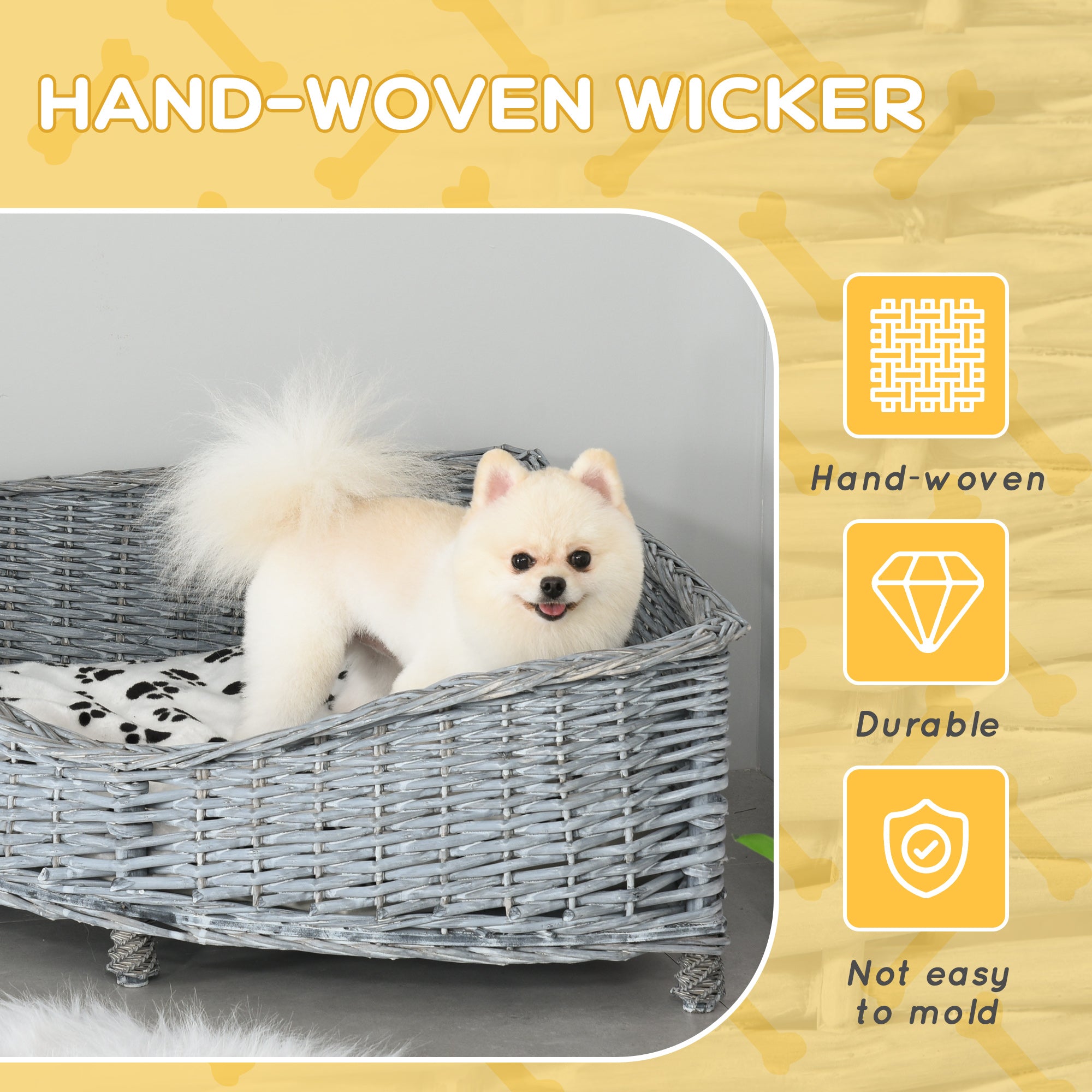 PawHut Wicker Raised Dog Bed Cat Sofa Elevated Couch Lifted Corner with Soft Plush Cushion Elevated Base Grey 68 x 68 x 32cm