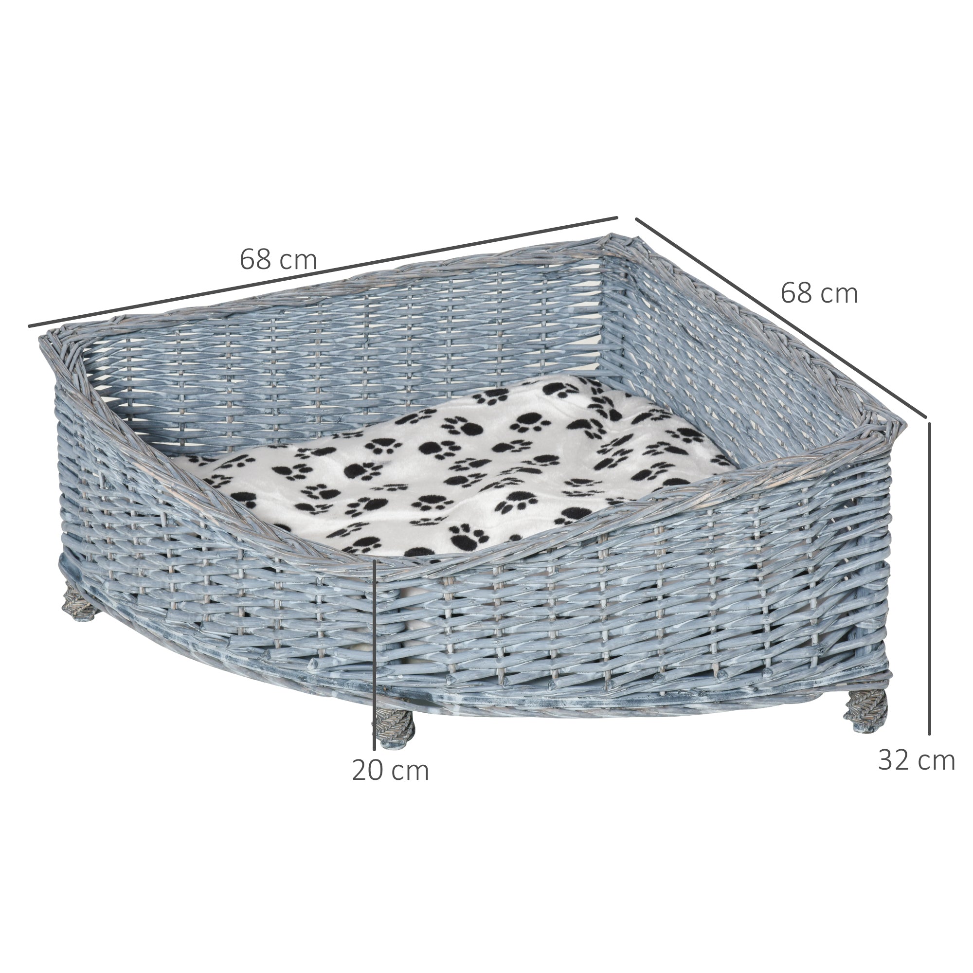PawHut Wicker Raised Dog Bed Cat Sofa Elevated Couch Lifted Corner with Soft Plush Cushion Elevated Base Grey 68 x 68 x 32cm