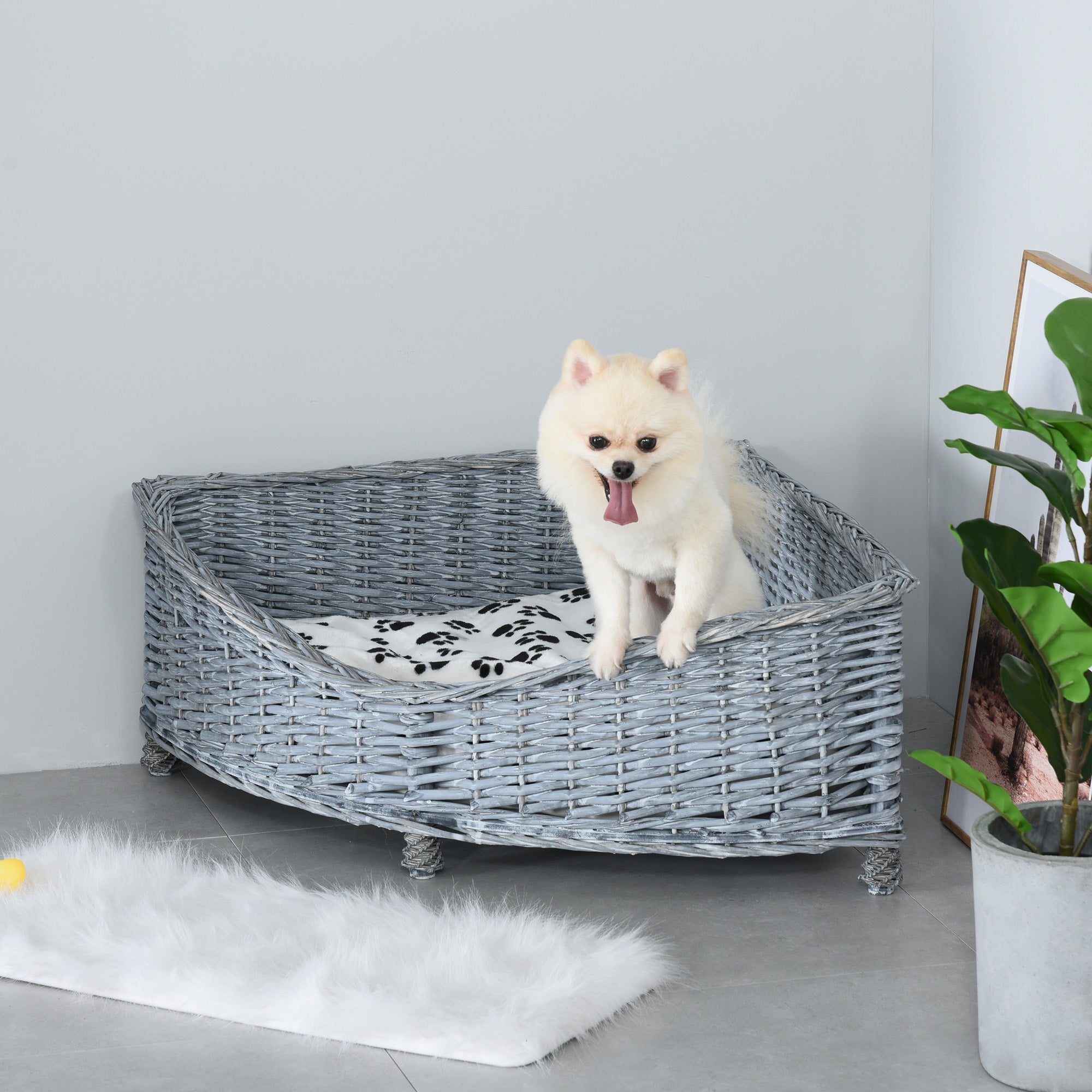 PawHut Wicker Raised Dog Bed Cat Sofa Elevated Couch Lifted Corner with Soft Plush Cushion Elevated Base Grey 68 x 68 x 32cm