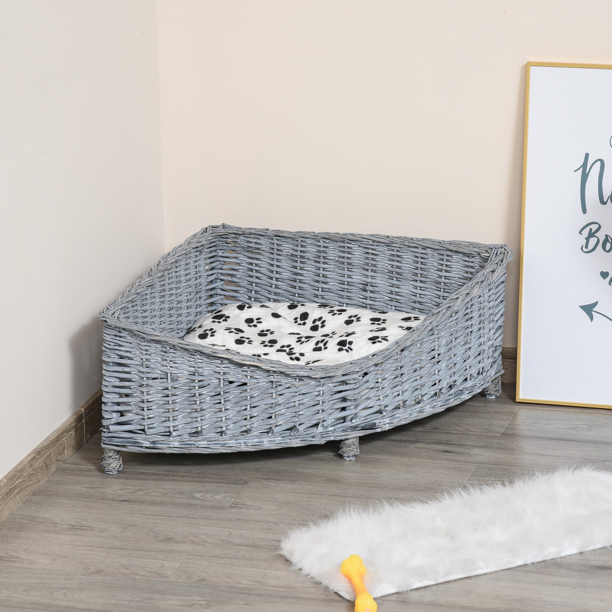 PawHut Wicker Raised Dog Bed Cat Sofa Elevated Couch Lifted Corner with Soft Plush Cushion Elevated Base Grey 68 x 68 x 32cm