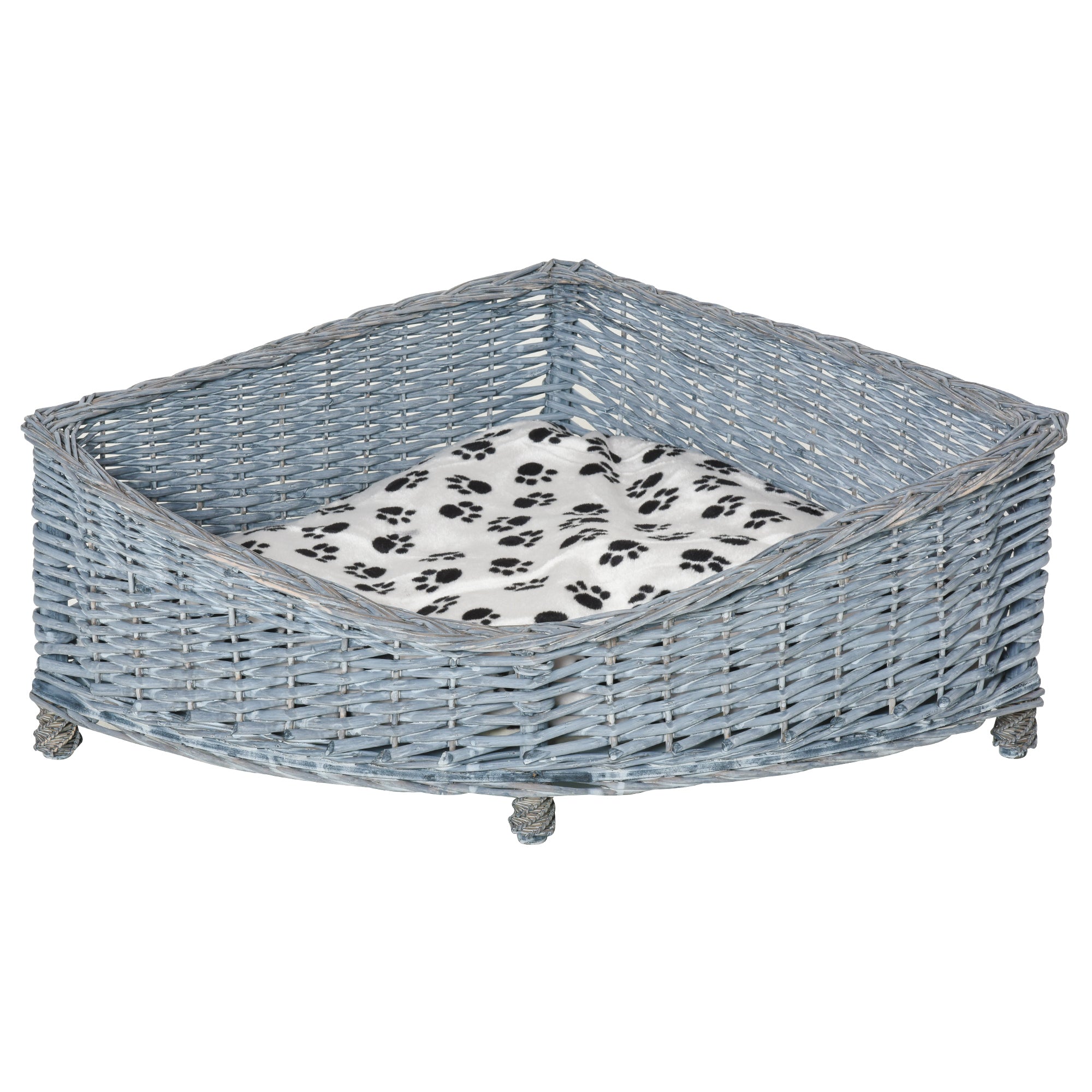 PawHut Wicker Raised Dog Bed Cat Sofa Elevated Couch Lifted Corner with Soft Plush Cushion Elevated Base Grey 68 x 68 x 32cm