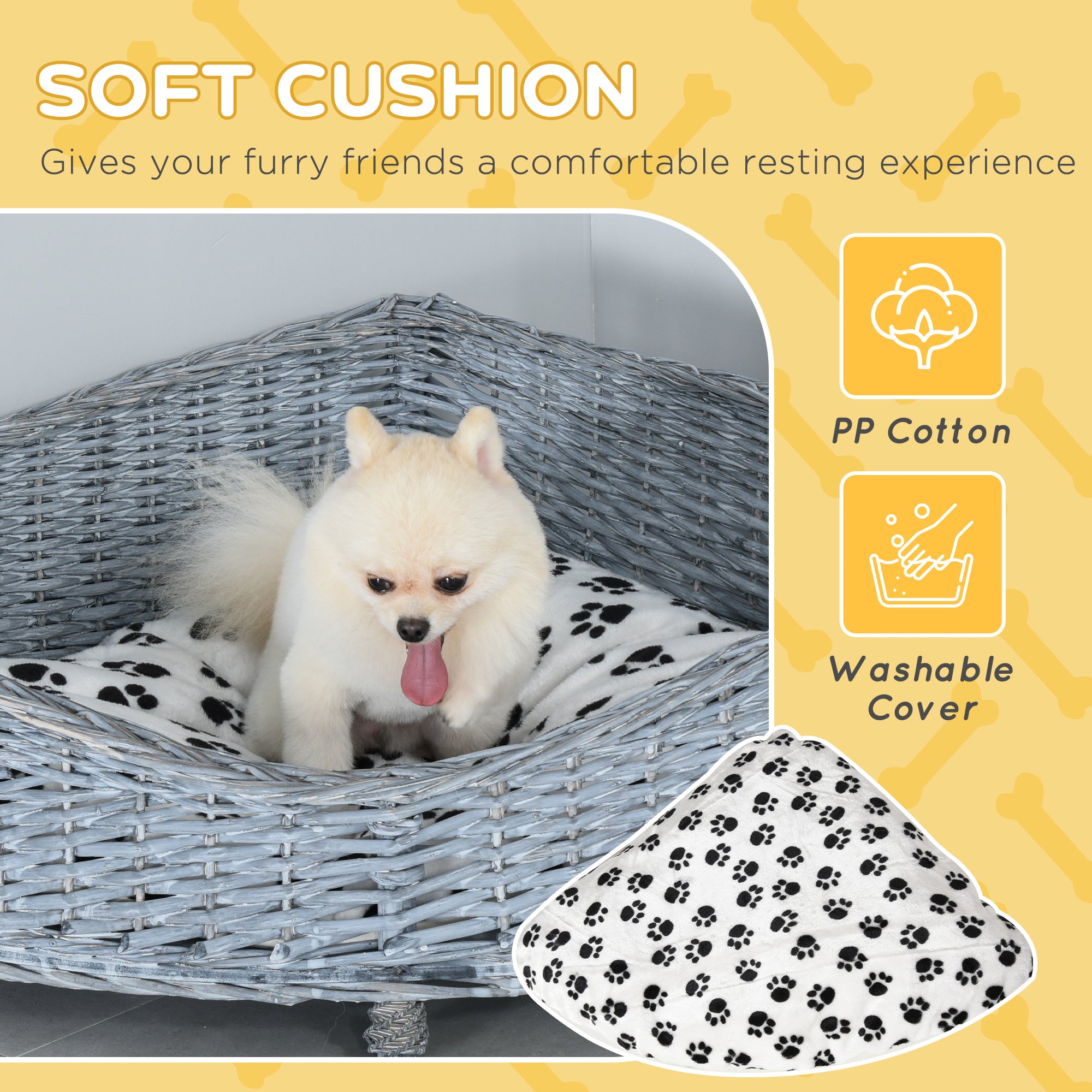 PawHut Wicker Raised Dog Bed Cat Sofa Elevated Couch Lifted Corner with Soft Plush Cushion Elevated Base Grey 68 x 68 x 32cm
