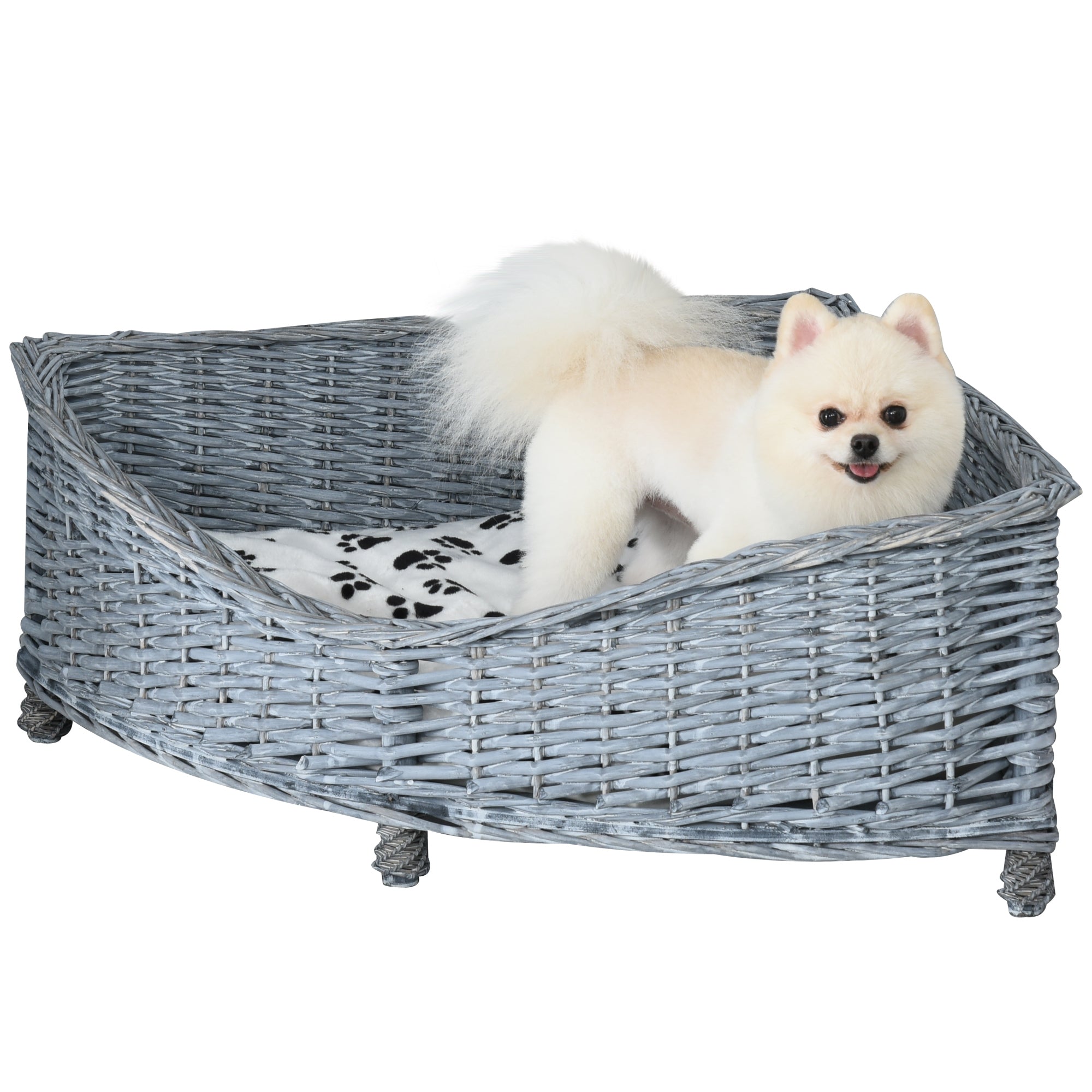 PawHut Wicker Raised Dog Bed Cat Sofa Elevated Couch Lifted Corner with Soft Plush Cushion Elevated Base Grey 68 x 68 x 32cm