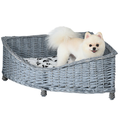 PawHut Wicker Raised Dog Bed Cat Sofa Elevated Couch Lifted Corner with Soft Plush Cushion Elevated Base Grey 68 x 68 x 32cm