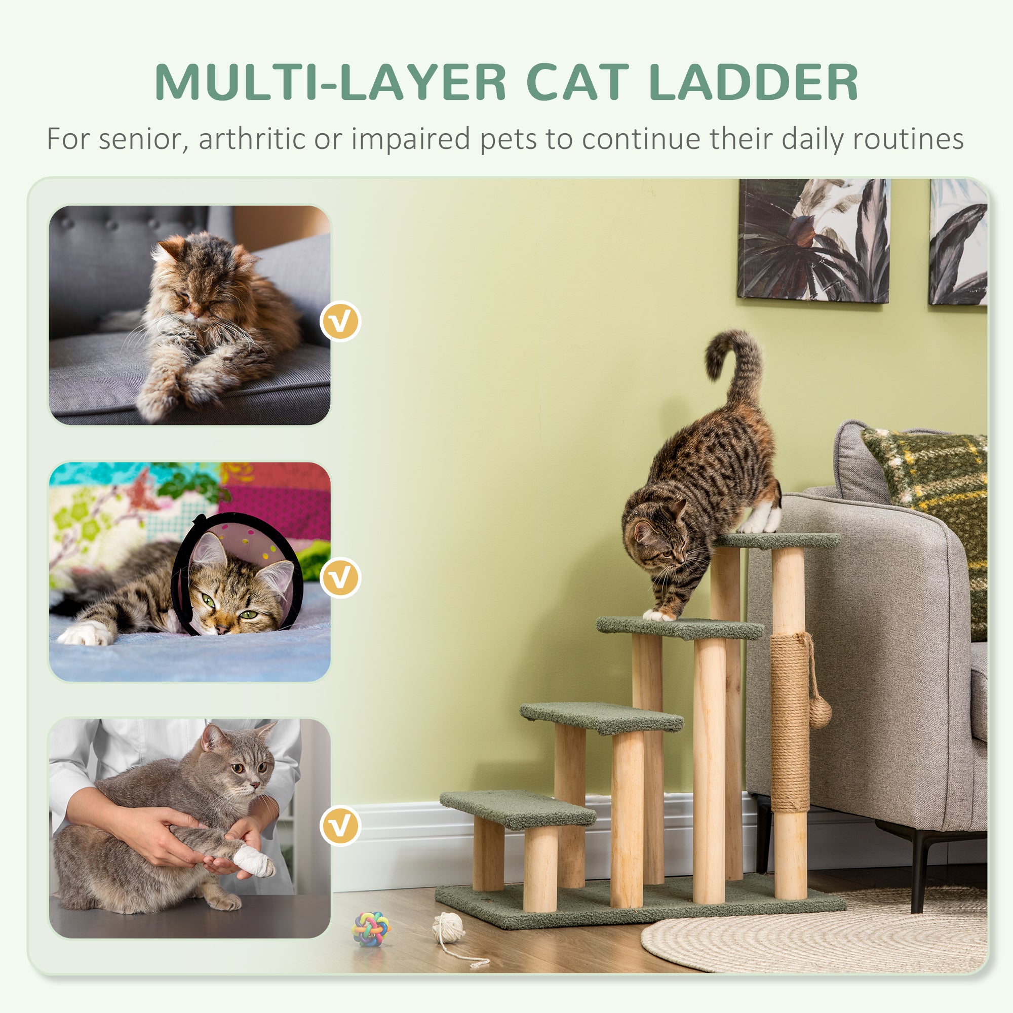 PawHut 4-Level Pet Dog Cat Stairs, 25" Cat Tree Tower with Sisal Scratching Posts and Ball Toy, Green