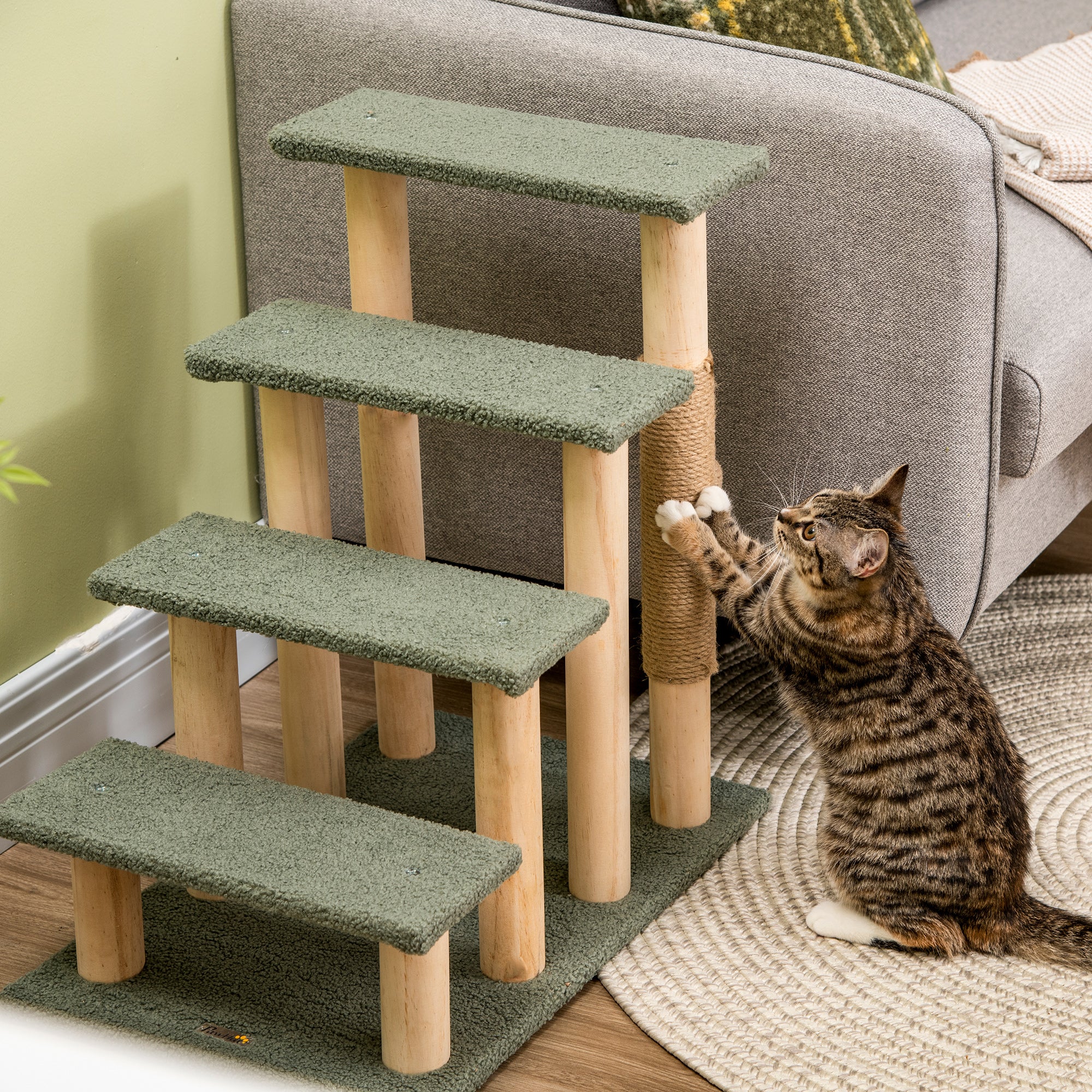 PawHut 4-Level Pet Dog Cat Stairs, 25" Cat Tree Tower with Sisal Scratching Posts and Ball Toy, Green