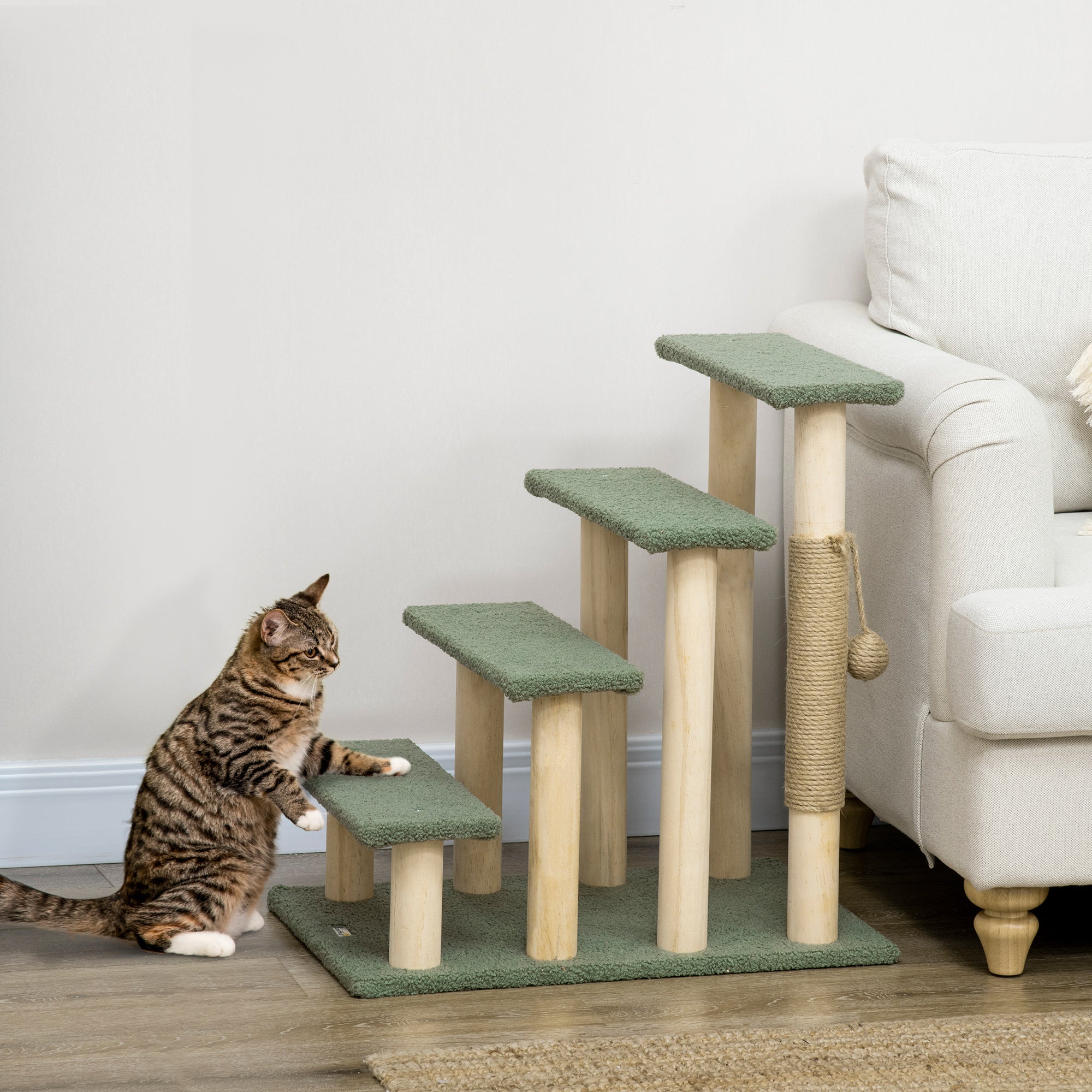 PawHut 4-Level Pet Dog Cat Stairs, 25" Cat Tree Tower with Sisal Scratching Posts and Ball Toy, Green