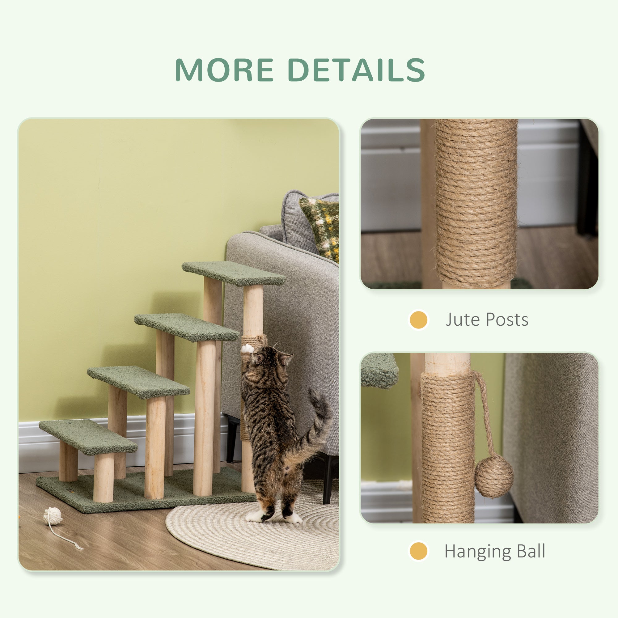 PawHut 4-Level Pet Dog Cat Stairs, 25" Cat Tree Tower with Sisal Scratching Posts and Ball Toy, Green