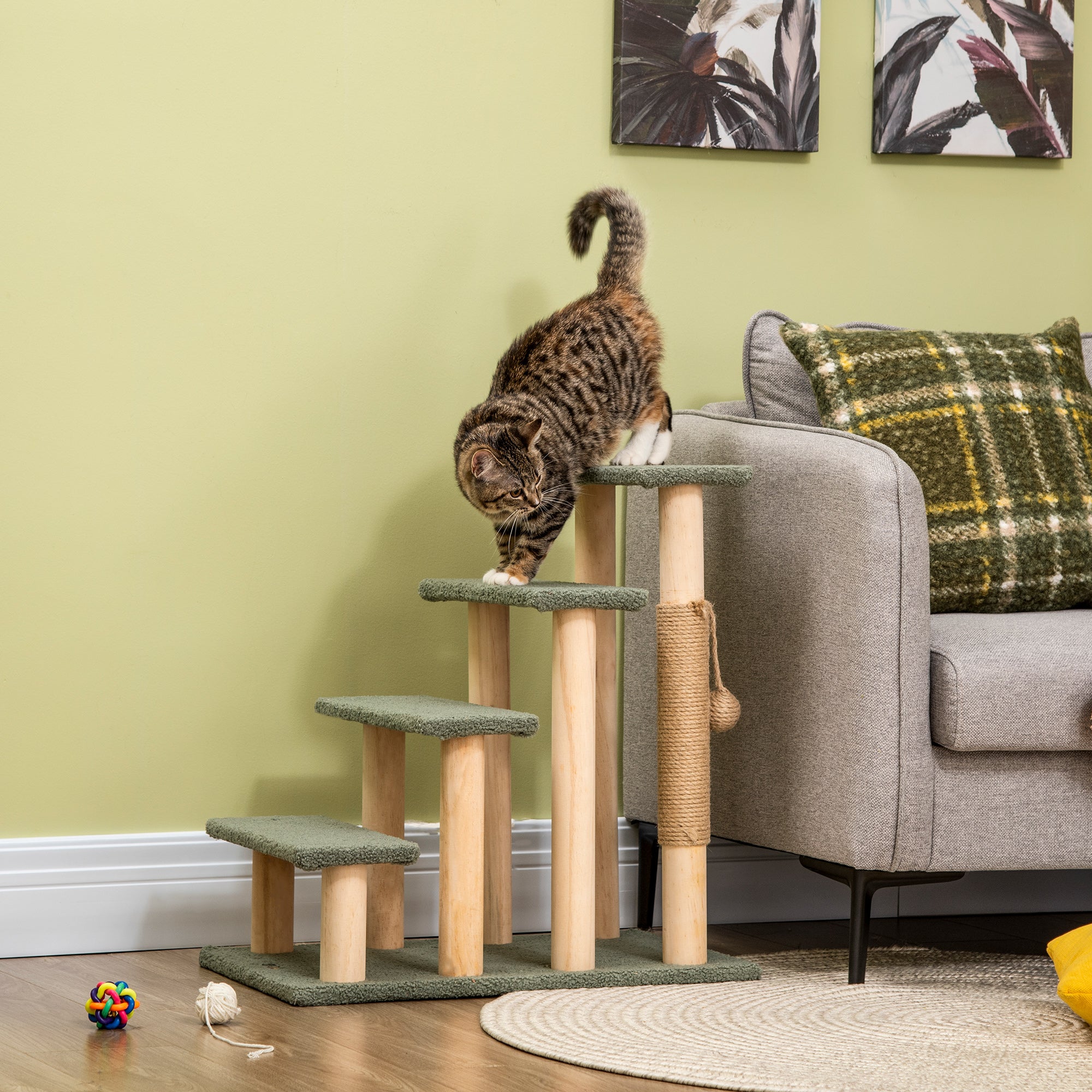 PawHut 4-Level Pet Dog Cat Stairs, 25" Cat Tree Tower with Sisal Scratching Posts and Ball Toy, Green