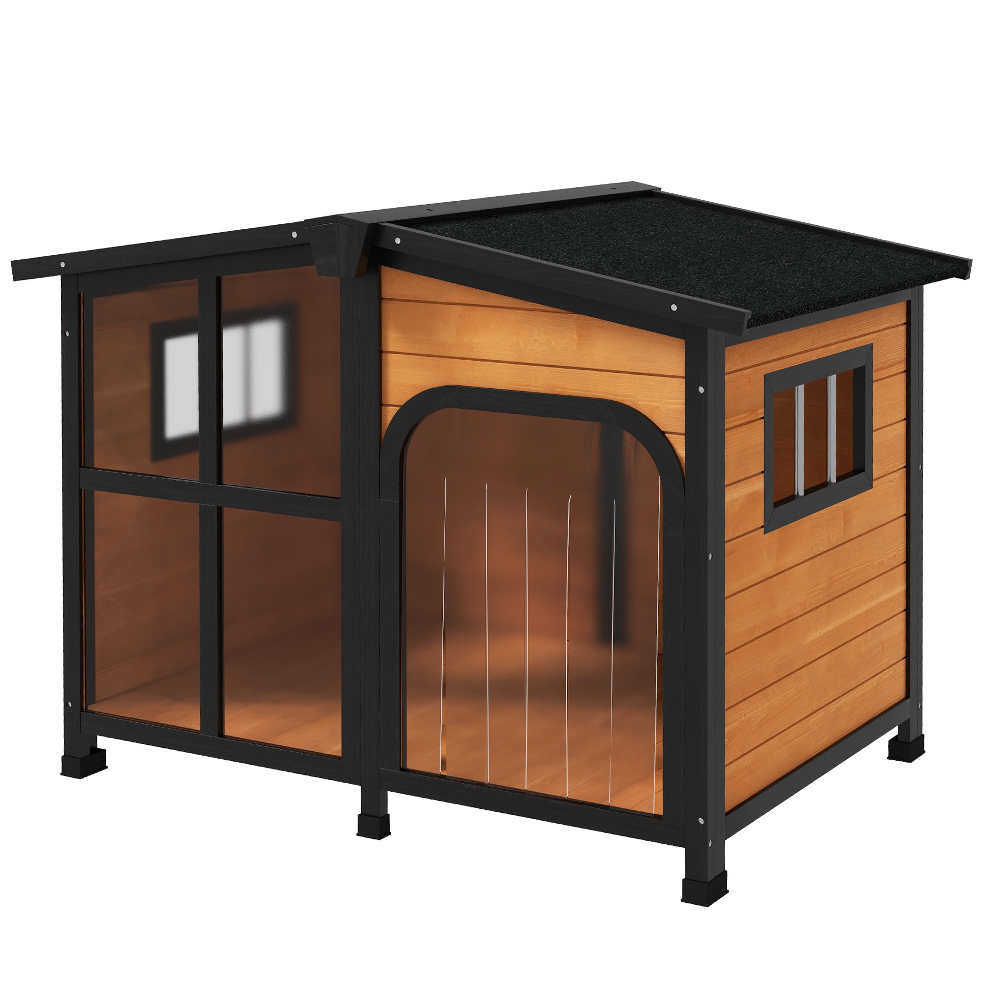 PawHut Outside Cabin-Style Wooden Dog House for Large Dogs with Openable Roof & Giant Window, Outdoor & Indoor Big Dog House, Asphalt Roof, Yellow